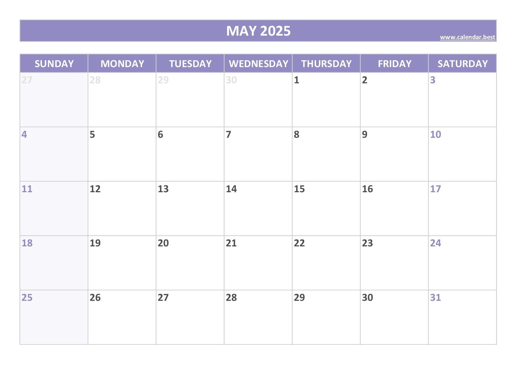 Free Printable 5 Day Monthly Calendar 2025
