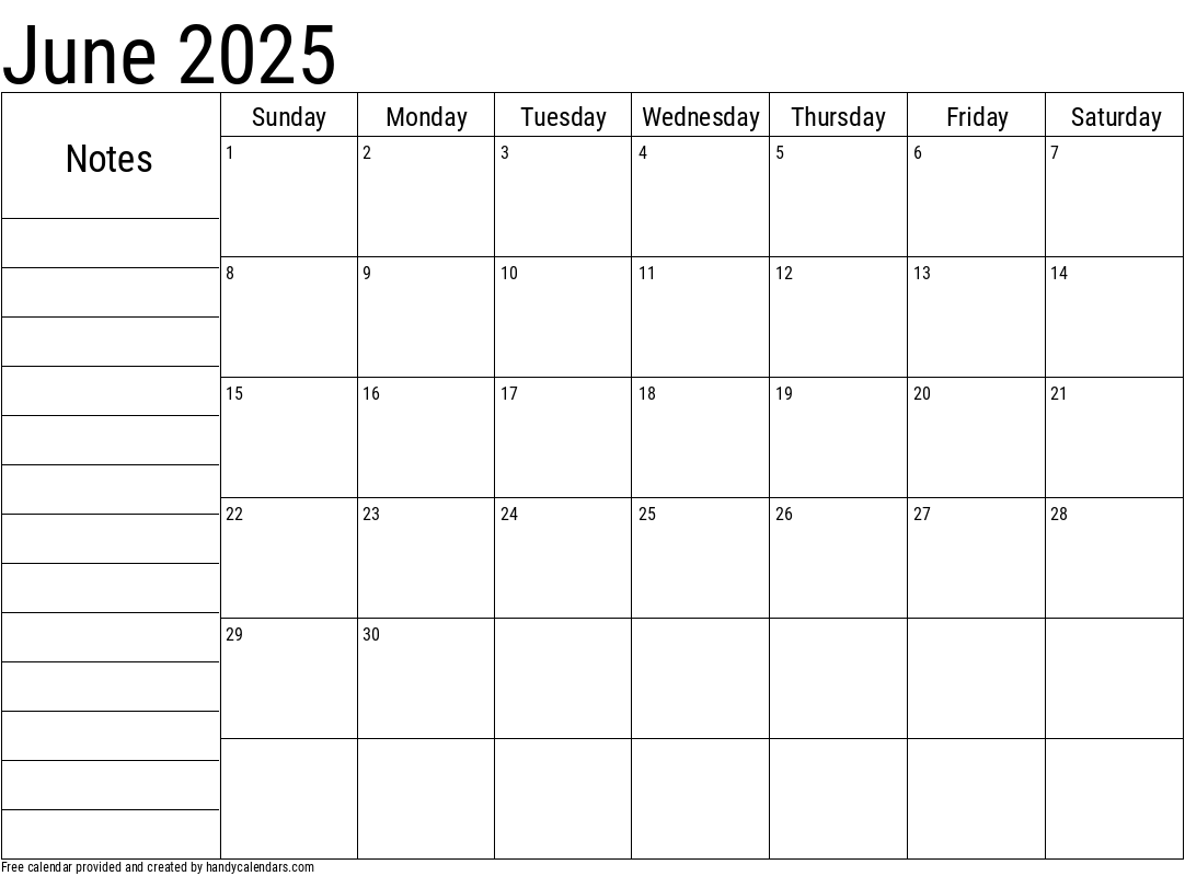 2025 Calendar Notes Printable