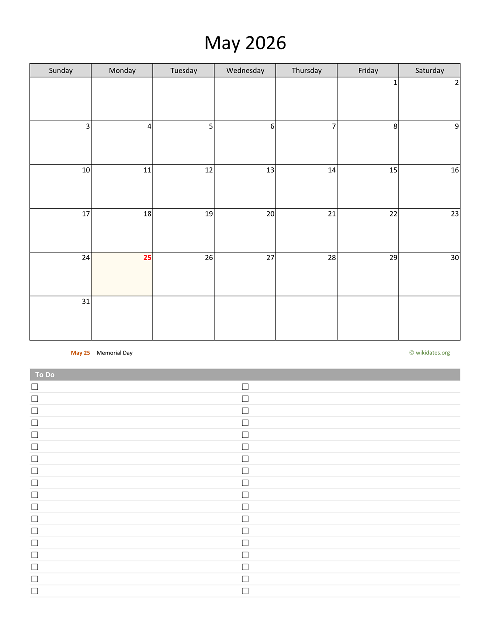 May 2026 Calendar Printable With Holidays
