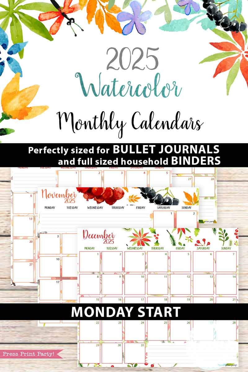 Monday Start 2025 Monthly Calendars For Bullet Journals Or Binders Watercolor Printable Monday Start 2025 Monthly Calendars For Bullet Journals Or Binders Watercolor Printable