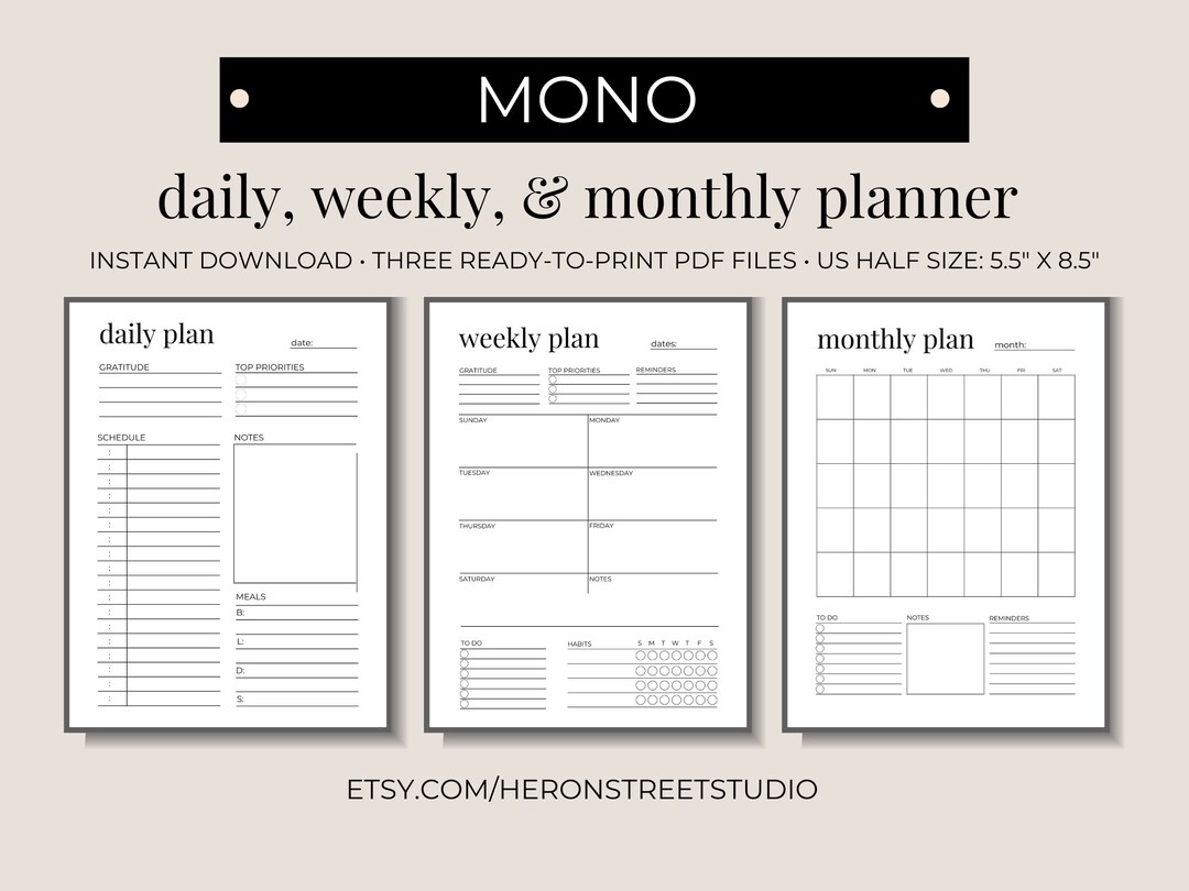 MONO 5 5 X 8 5 Printable Planner PDF Bundle Daily Weekly Monthly Etsy