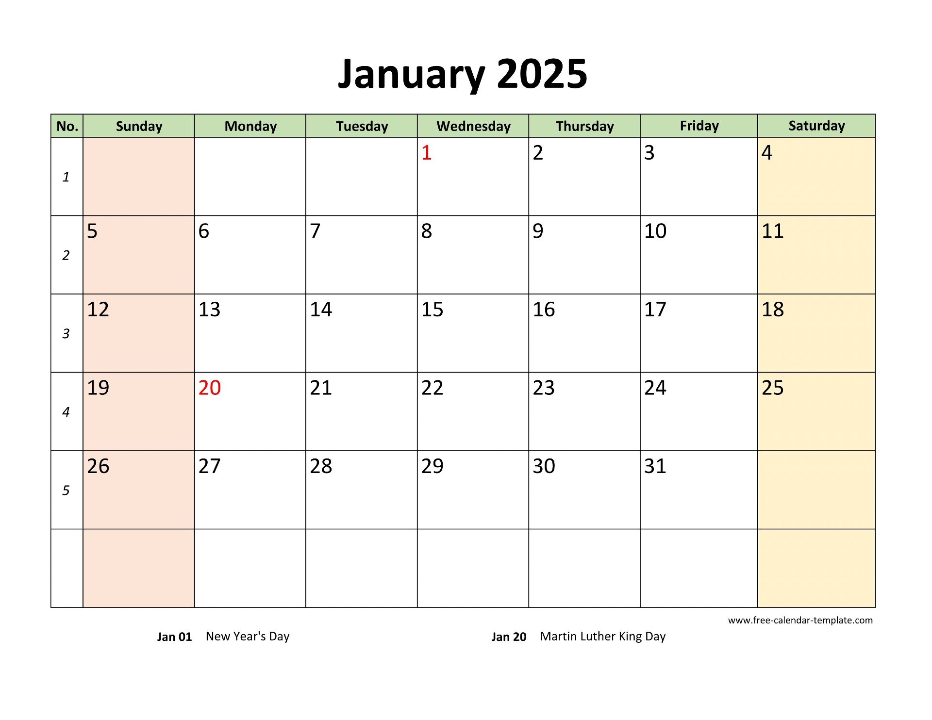 Monthly 2025 Calendar Printable With Coloring On Weekend horizontal Free calendar template
