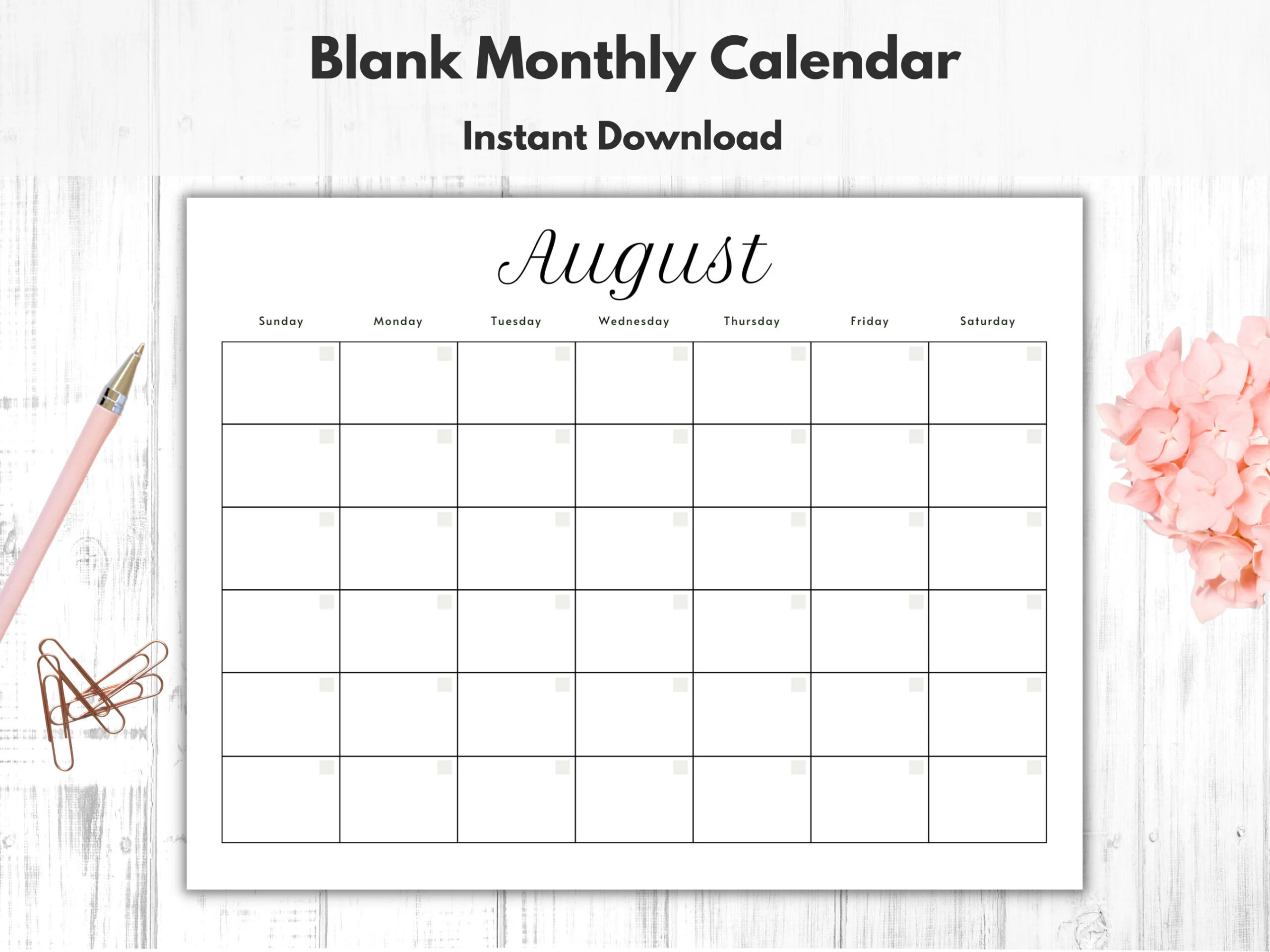Monthly Blank Calendar Printable Calendar Template Horizontal Printable Calendar Pages PDF Printable Instant Download Simple Calendar Etsy
