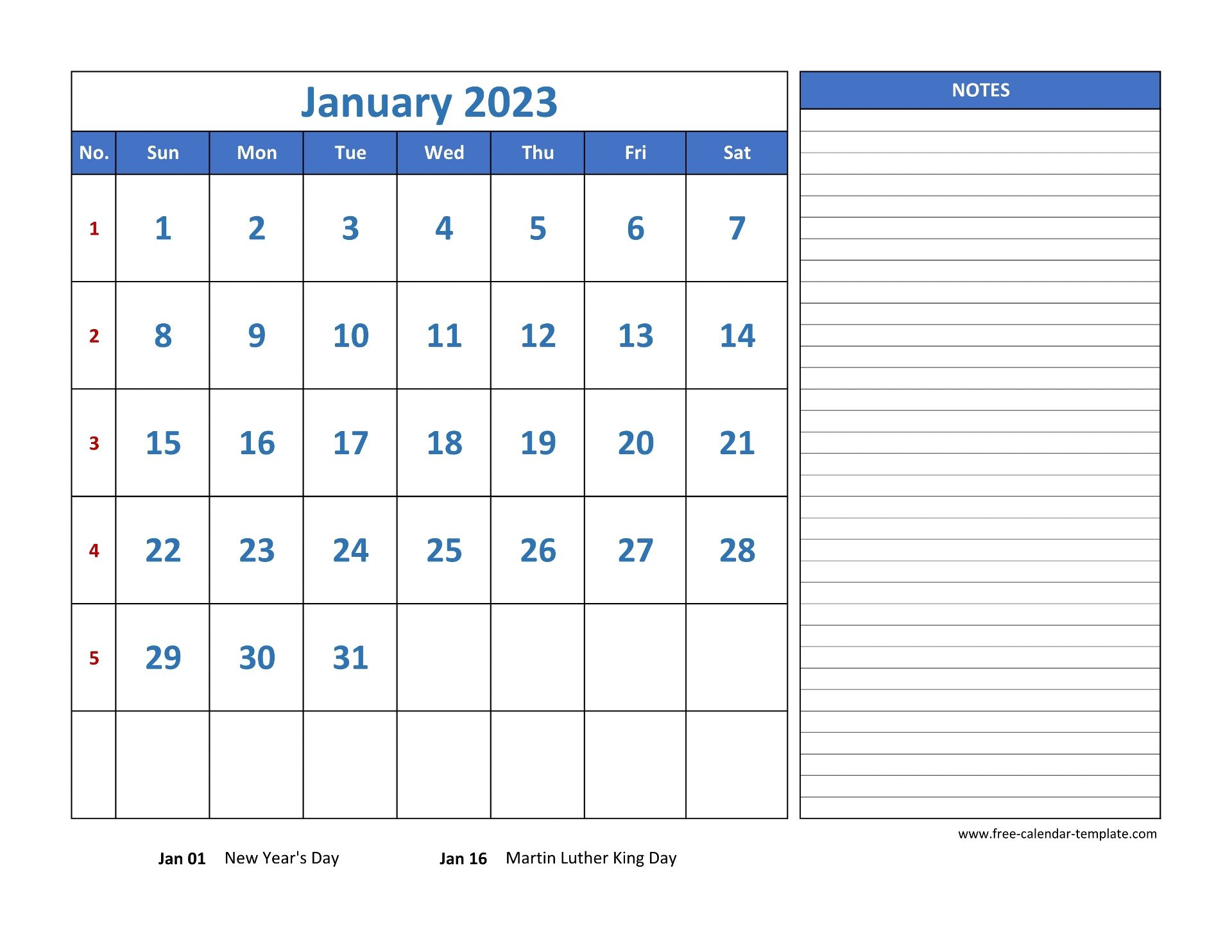 Monthly Calendar 2023 Grid Lines For Holidays And Notes horizontal Free Calendar template