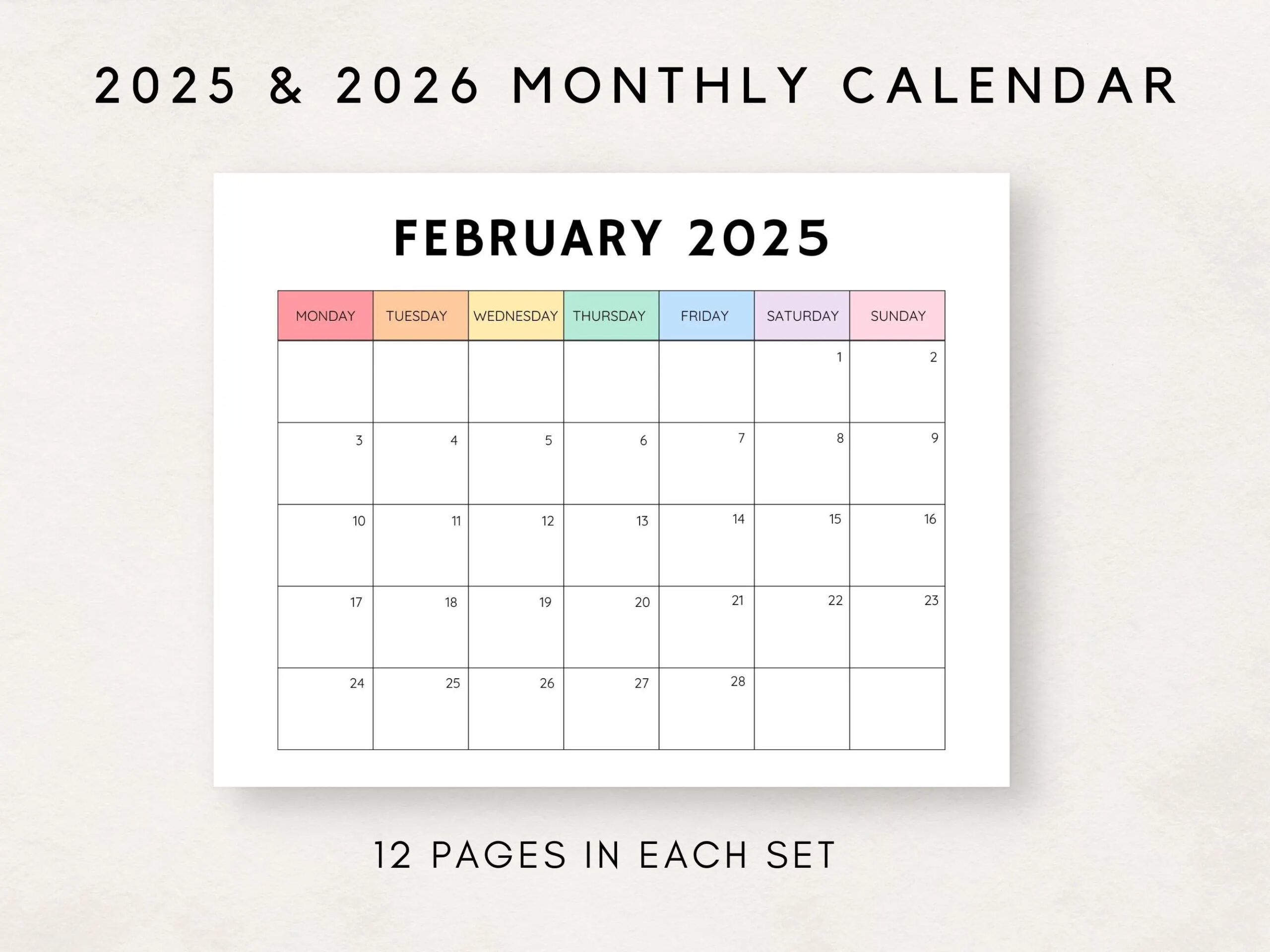 Monthly Calendar 2025 2026 2025 2026 Calendar Printable Calendar Template 12 Month Calendar Month At A Glance 2025 2026 Planner Etsy