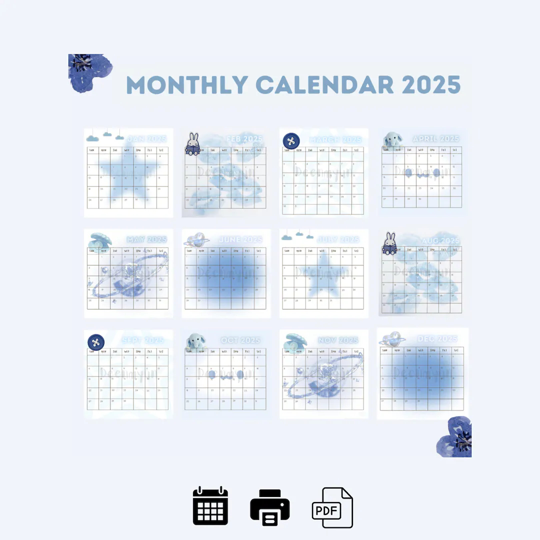 Monthly Calendar 2025 Baby Blue Printable PDF Digital Download Etsy