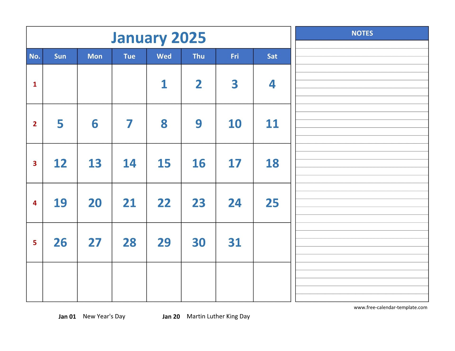 Monthly Calendar 2025 Grid Lines For Holidays And Notes horizontal Free Calendar template
