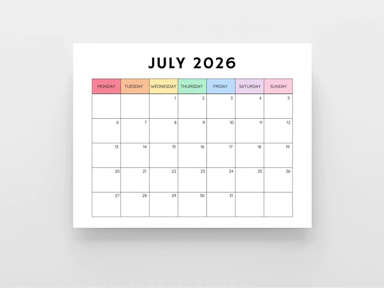 2026 Calendar July Printable