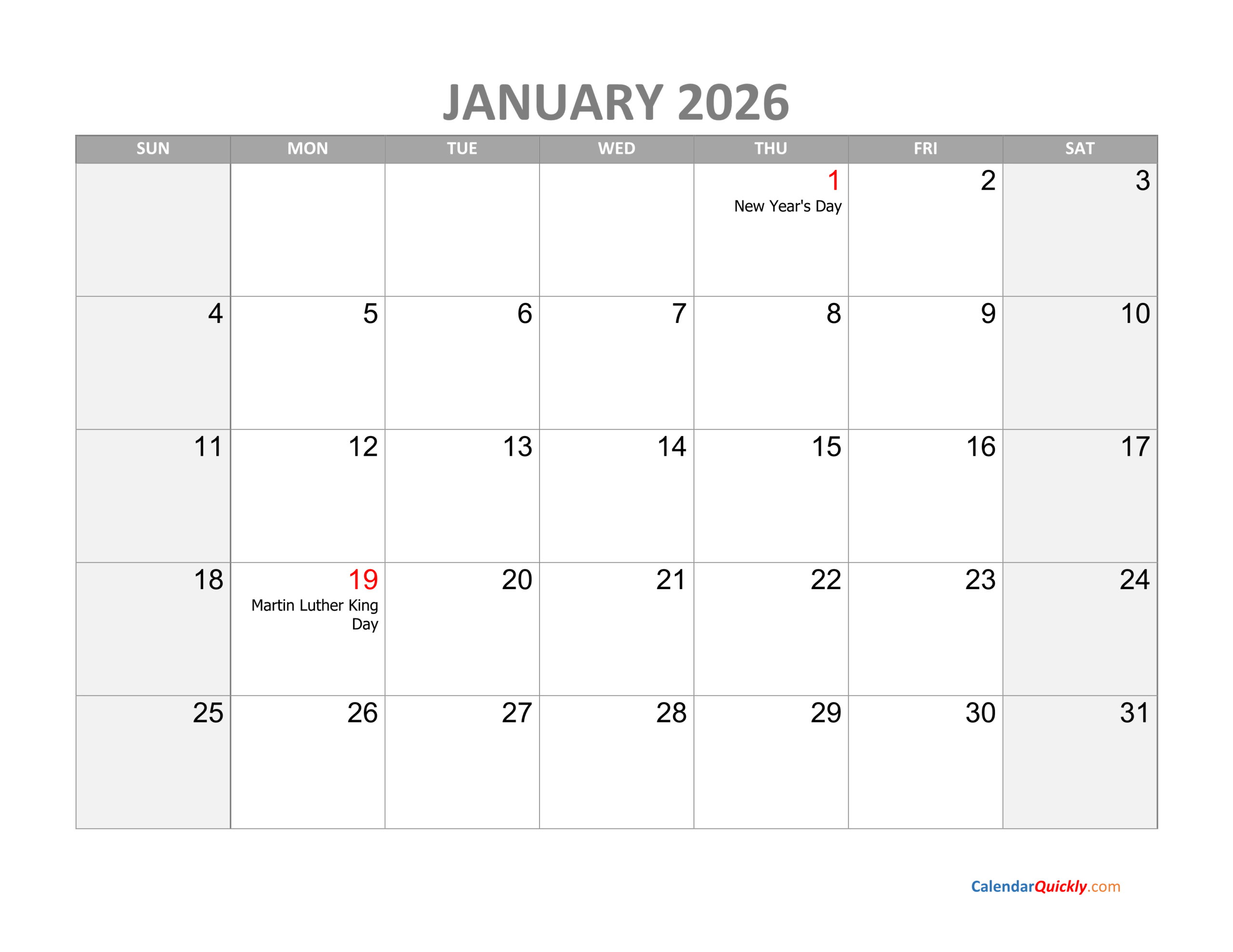 Monthly Calendar 2026 With Holidays Calendar Quickly