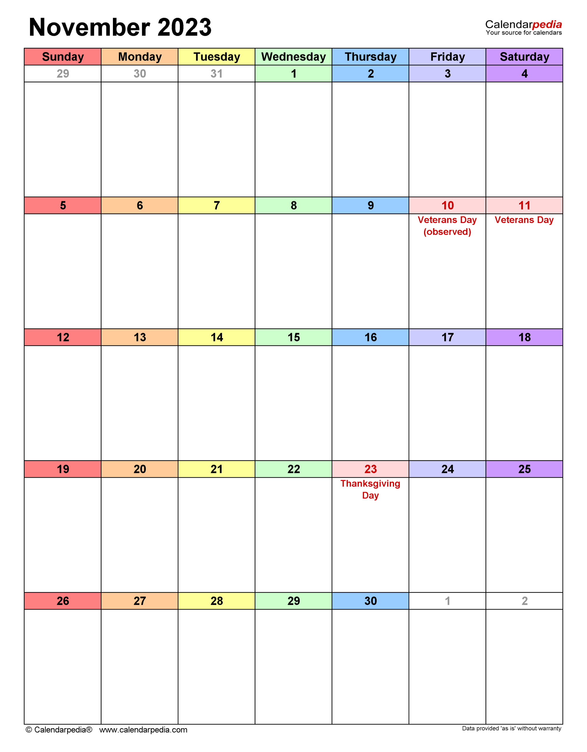 Printable Calendar Vertical November
