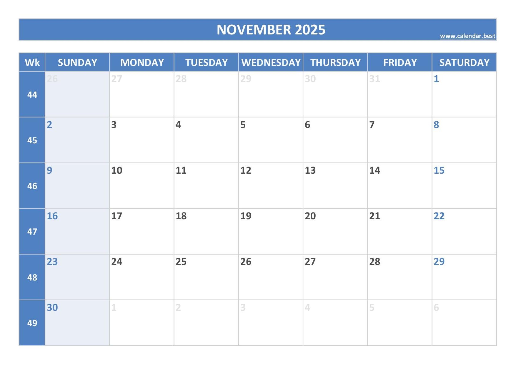 Blank Calendar 2025 November Printable