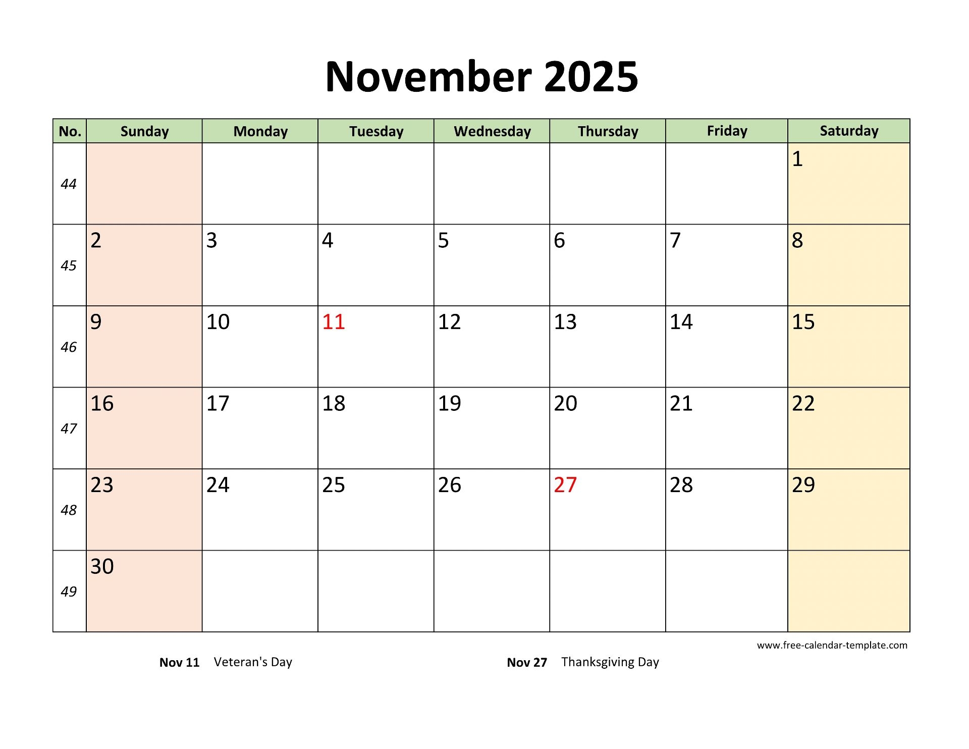 November 2025 Calendar Printable With Coloring On Weekend horizontal Free calendar template November 2025 Calendar Printable With Coloring On Weekend horizontal Free calendar template