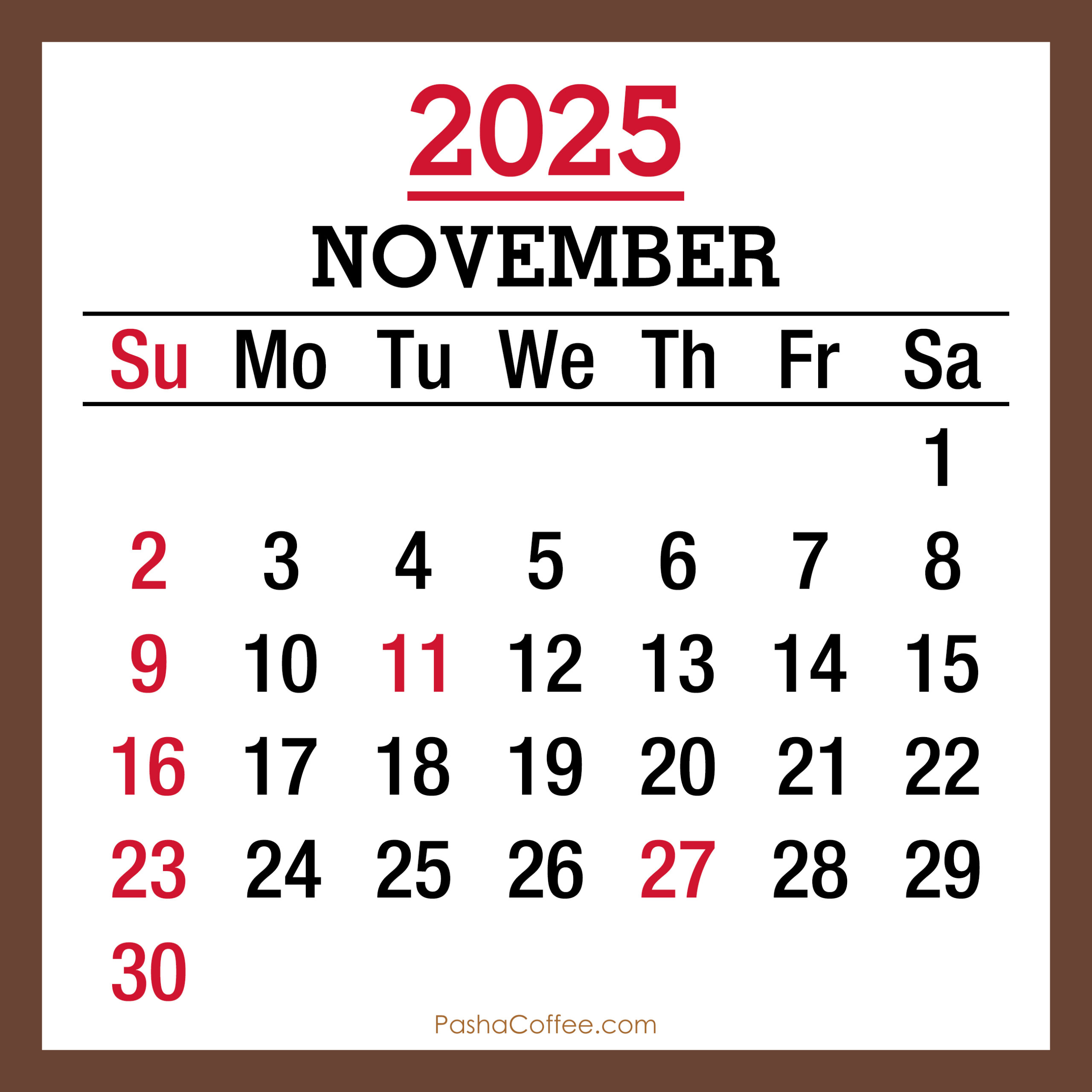 November 2025 Monthly Calendar With Holidays Printable Free Brown Sunday Start PashaCoffee November 2025 Monthly Calendar With Holidays Printable Free Brown Sunday Start PashaCoffee