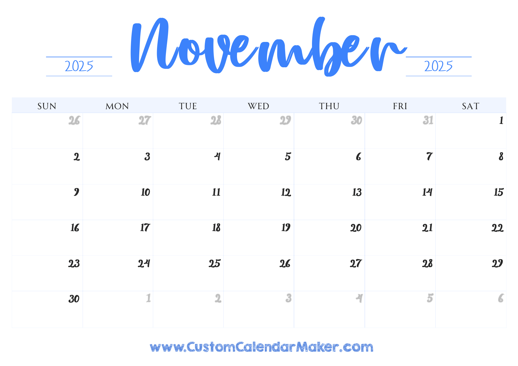 Printable Blank Calendar November 2025