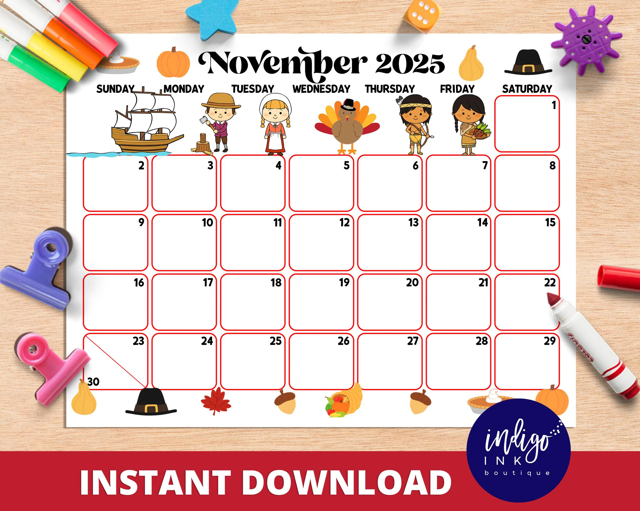 November Calendar INSTANT DOWNLOAD Monthly Planner Digital Calendar Kid Monthly Calendar Printable Organization For Kids PDF Calendar Etsy