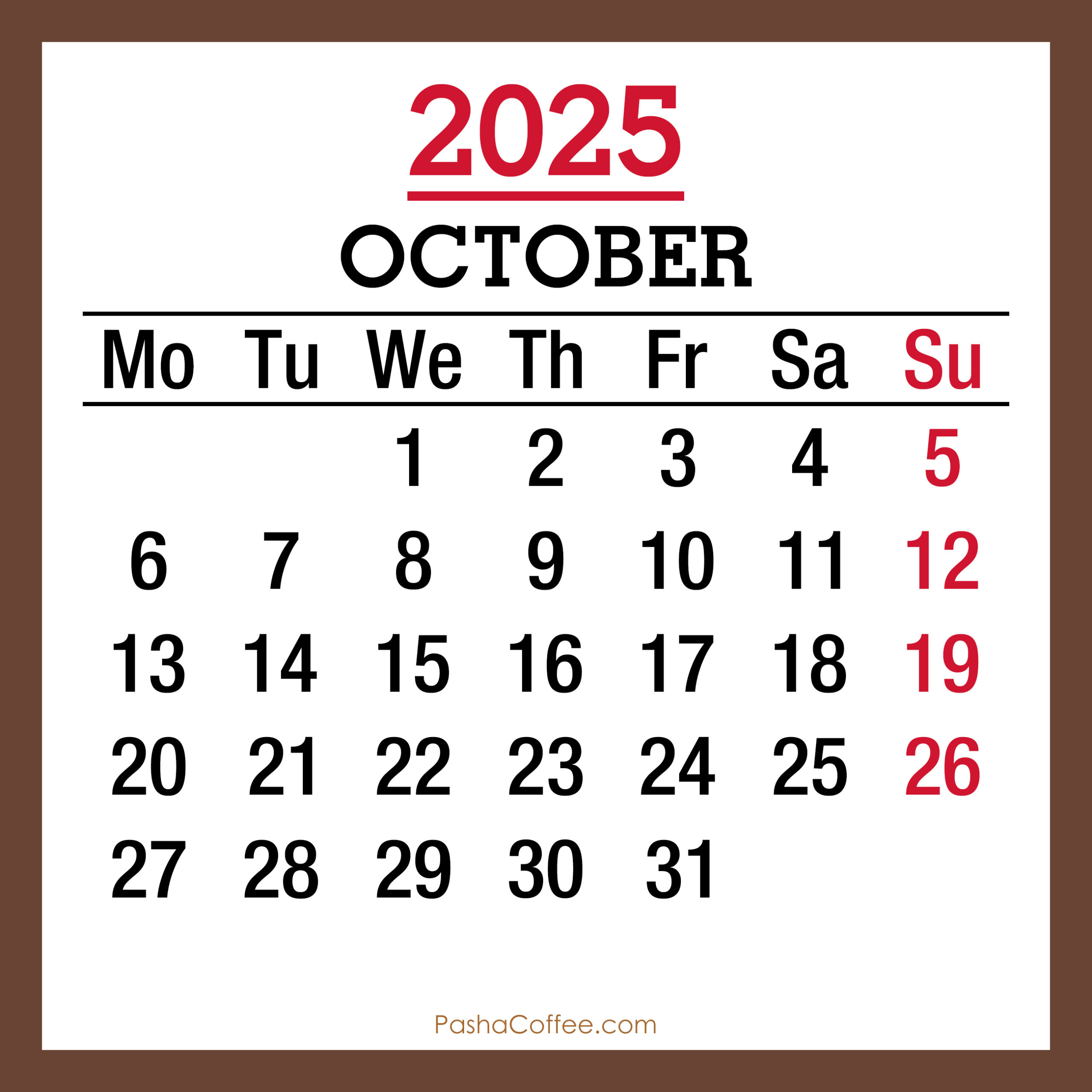 October 2025 Monthly Calendar Printable Free Brown Monday Start PashaCoffee