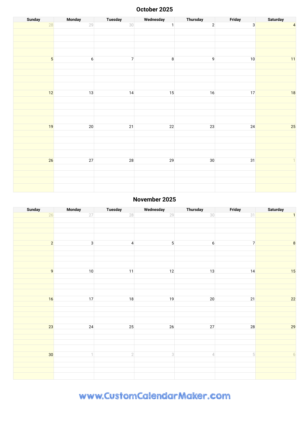 October And November 2025 Calendar Custom Calendar Maker
