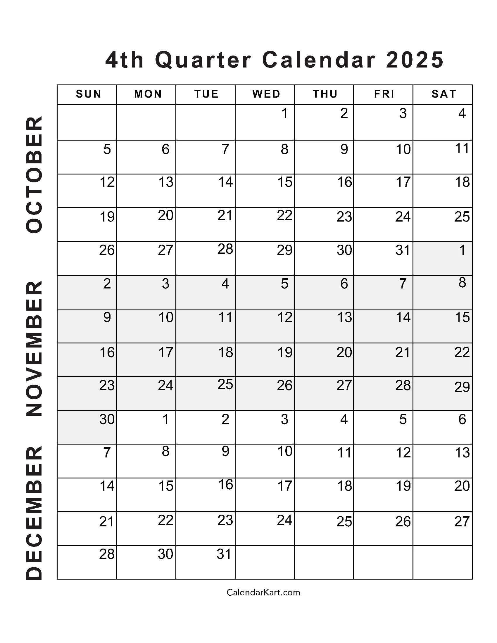 October November December 2025 Printable Calendar