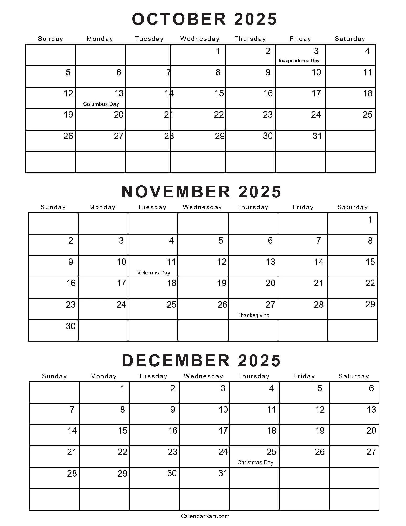 October To December 2025 Calendar Q4 CalendarKart