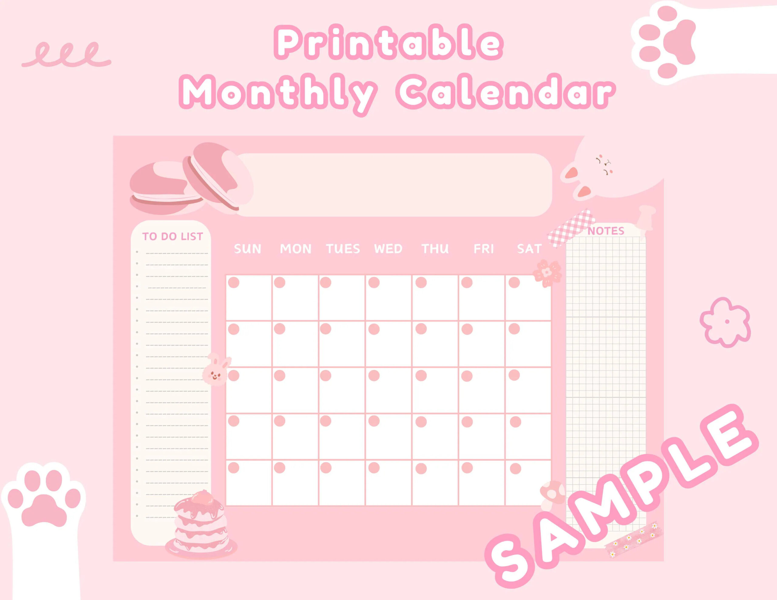 Pink Printable Monthly Calendar Cute Printable Calendar Kawaii Calendar Template Monthly Calendar Undated Printable Calendar Etsy