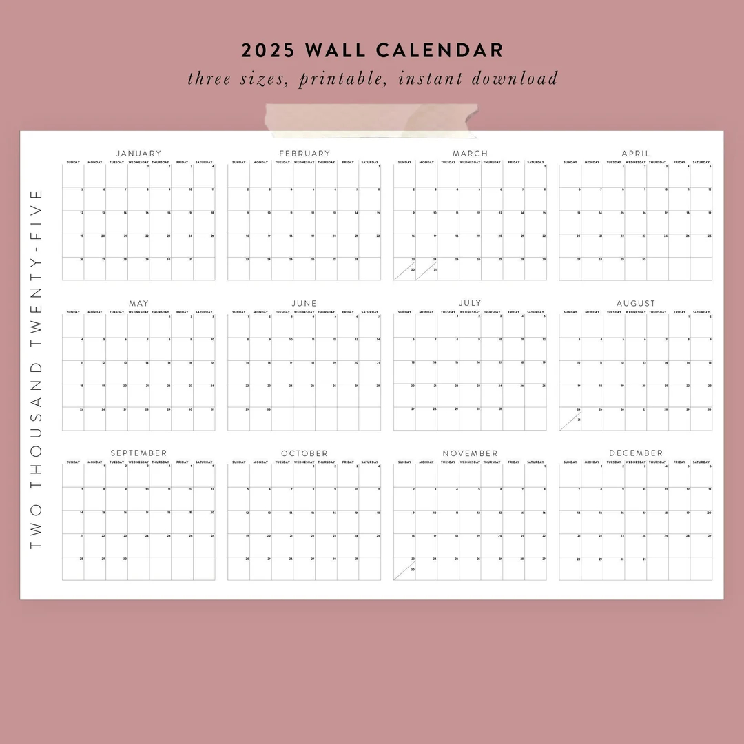 Printable 2025 Wall Calendar 3 Sizes 36x24 24x18 11x8 5 Posters 01 Etsy