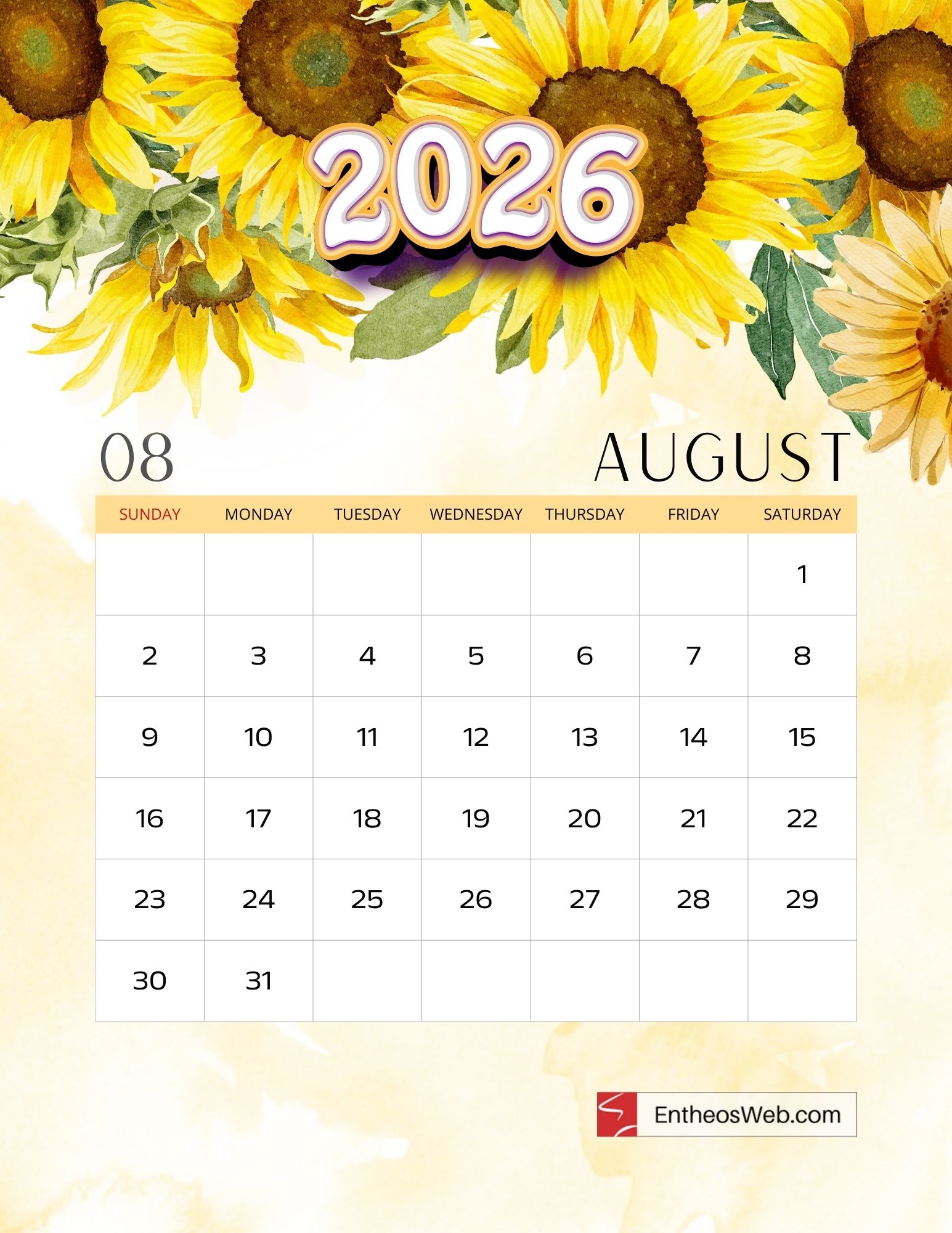 Printable 2026 Calendar Beautiful Watercolor Floral Design EntheosWeb