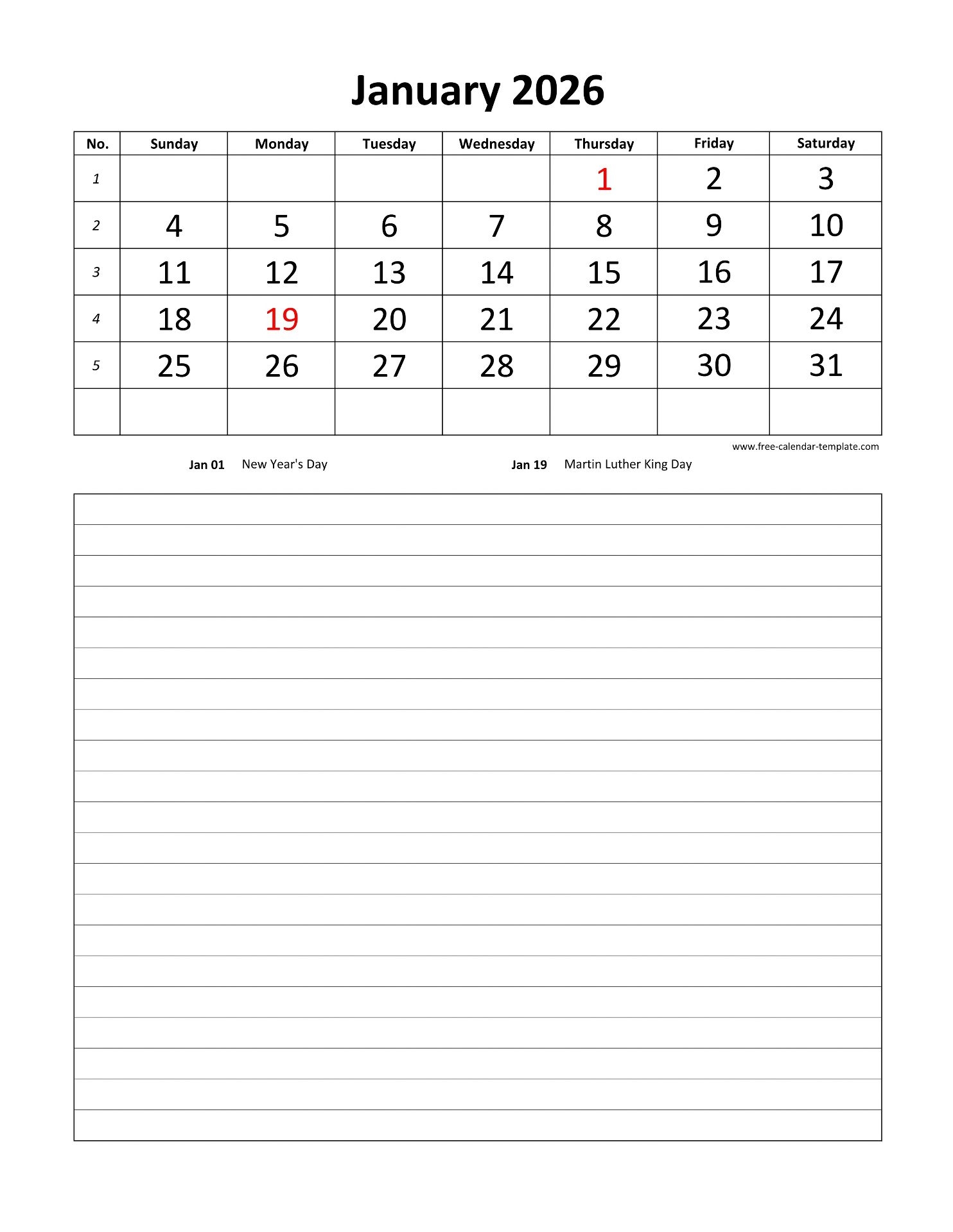 Printable 2026 Monthly Calendar Grid Lines For Daily Notes vertical Free calendar template
