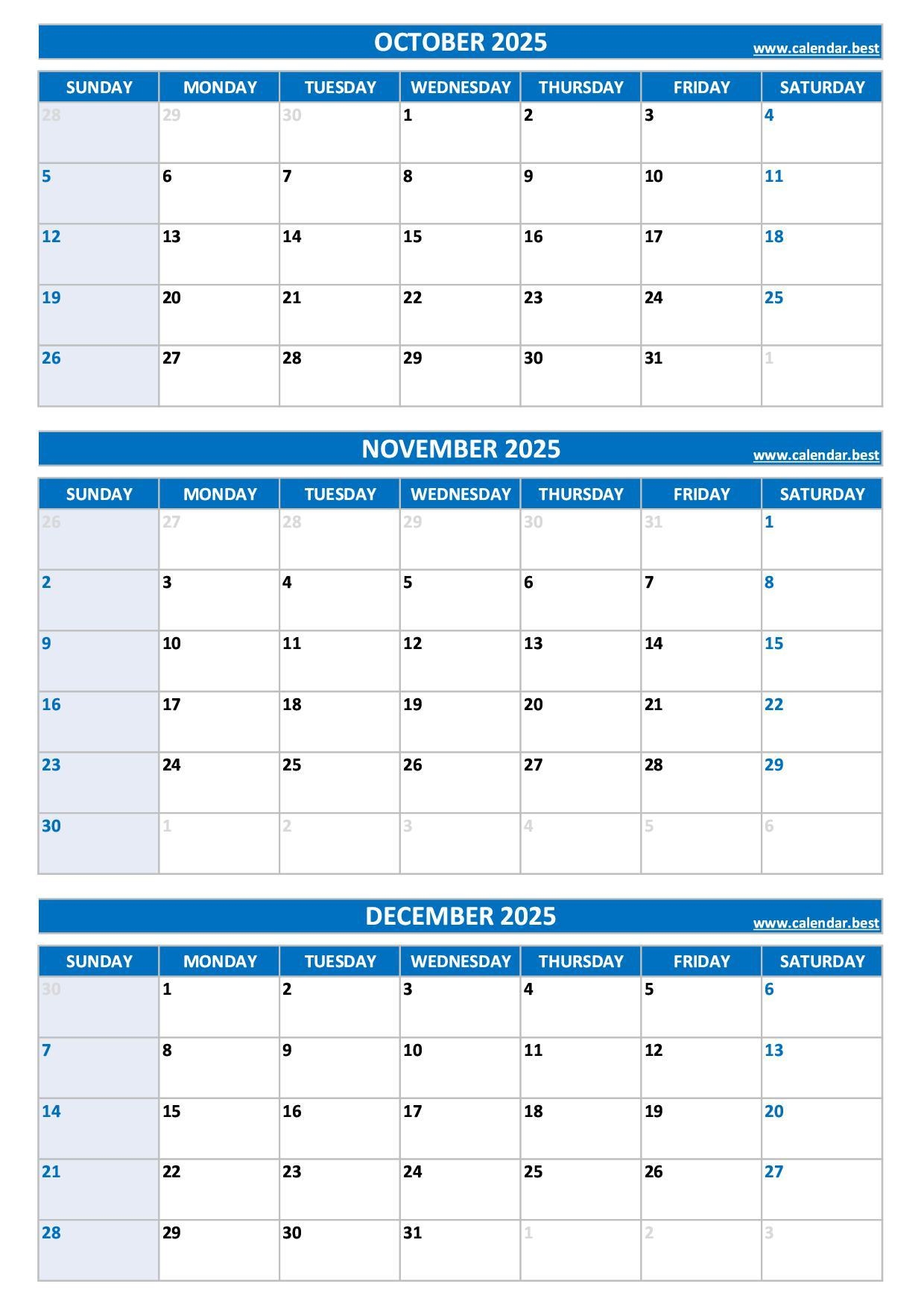October November December 2025 Calendar Printable