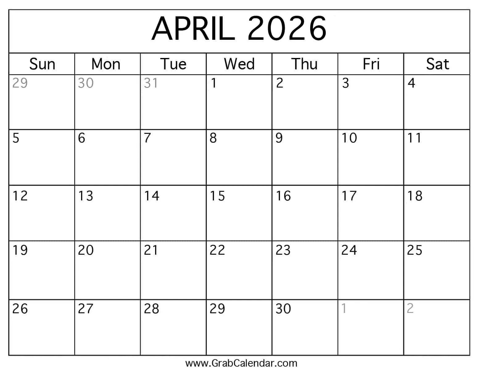 Printable April 2026 Calendar