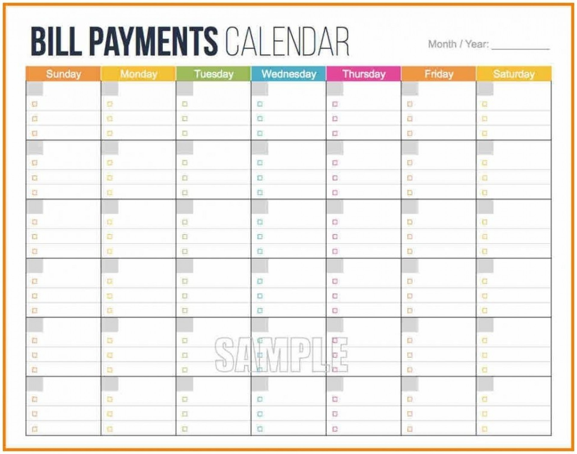 Printable Bill Calendar
