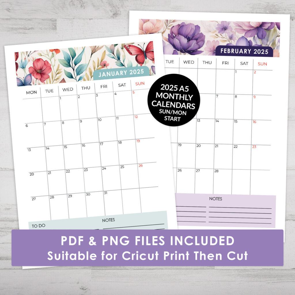 A5 Floral Calendar 2025 Printable