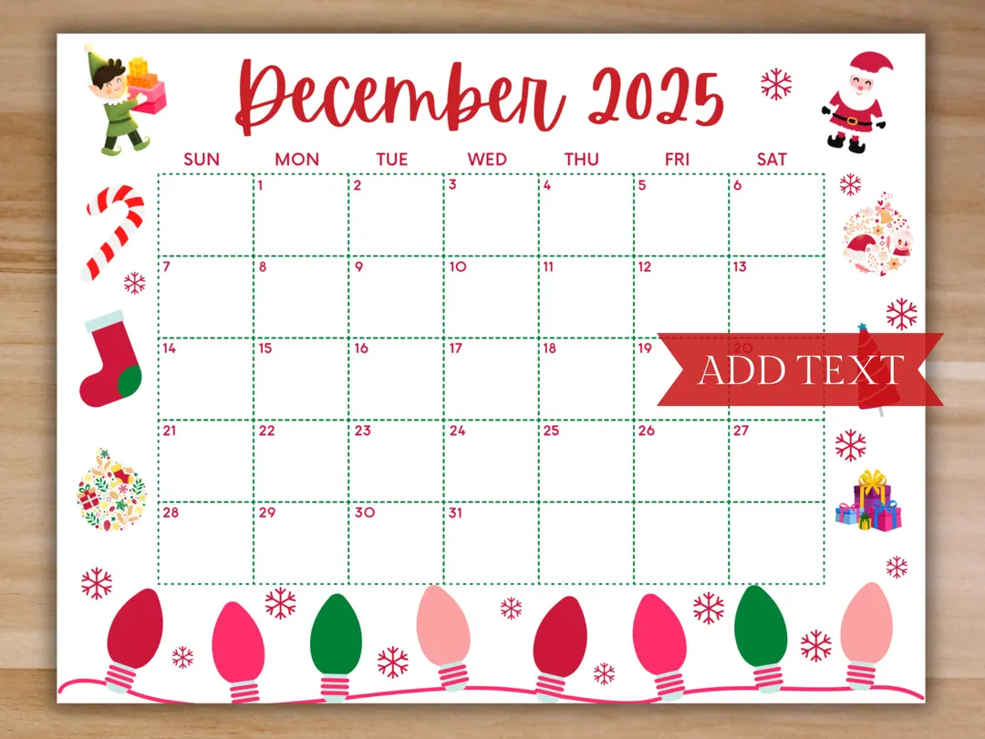Printable December Calendar 2025 Christmas Calendar Holiday Calendar December 2025 Printable Calendar Family Calendar Printable Digital Etsy
