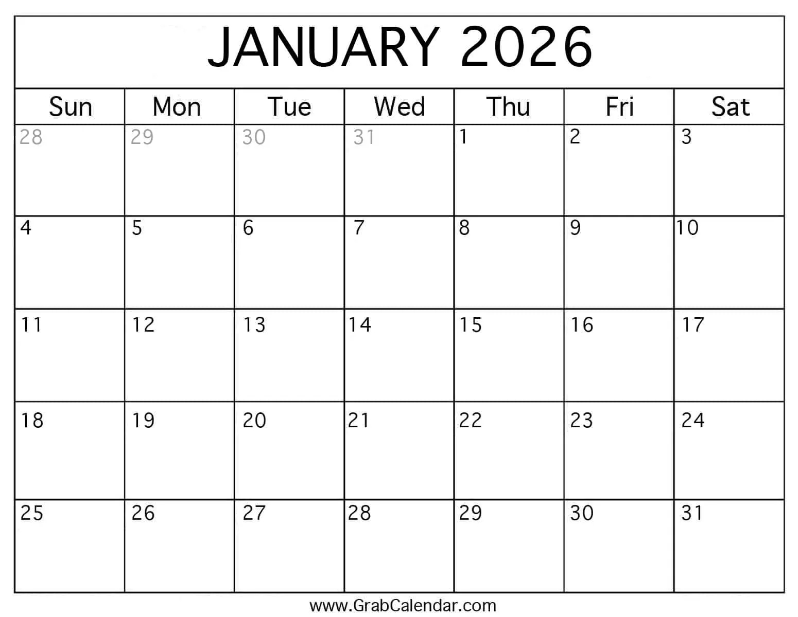 Printable January 2026 Calendar Printable January 2026 Calendar