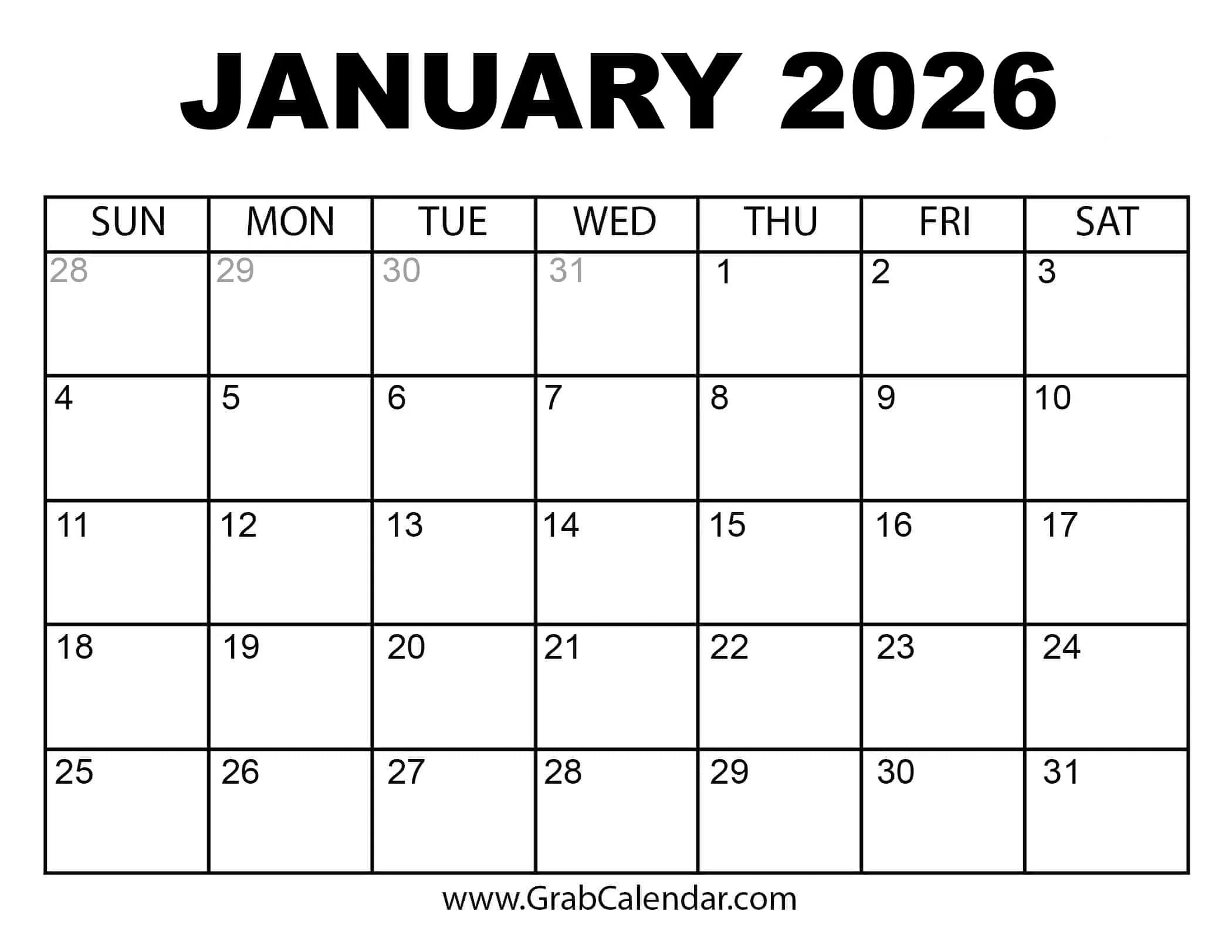 printable january 2026 calendar