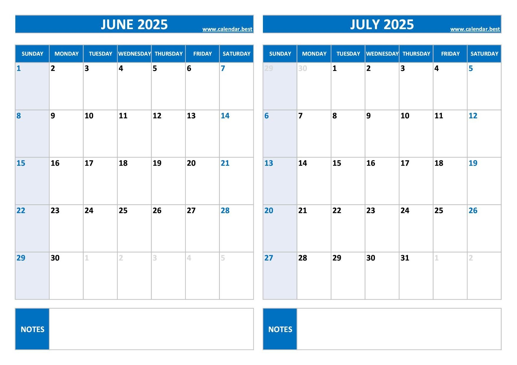 June And July Calendar Printable