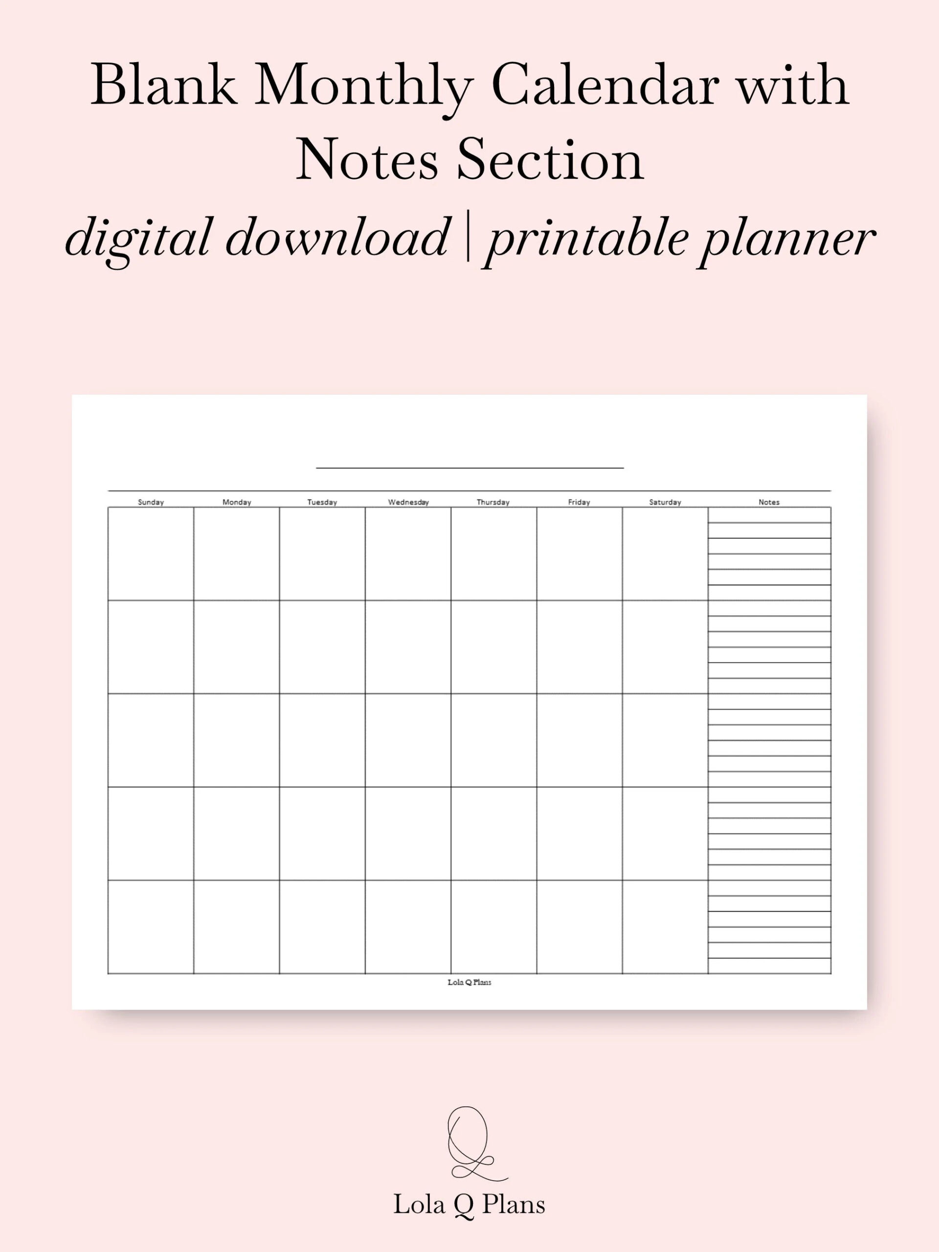 Printable Monthly Calendar With Notes Section Calendar Insert Minimalist Digital Calendar Monthly Calendar With Lined Notes Section Etsy