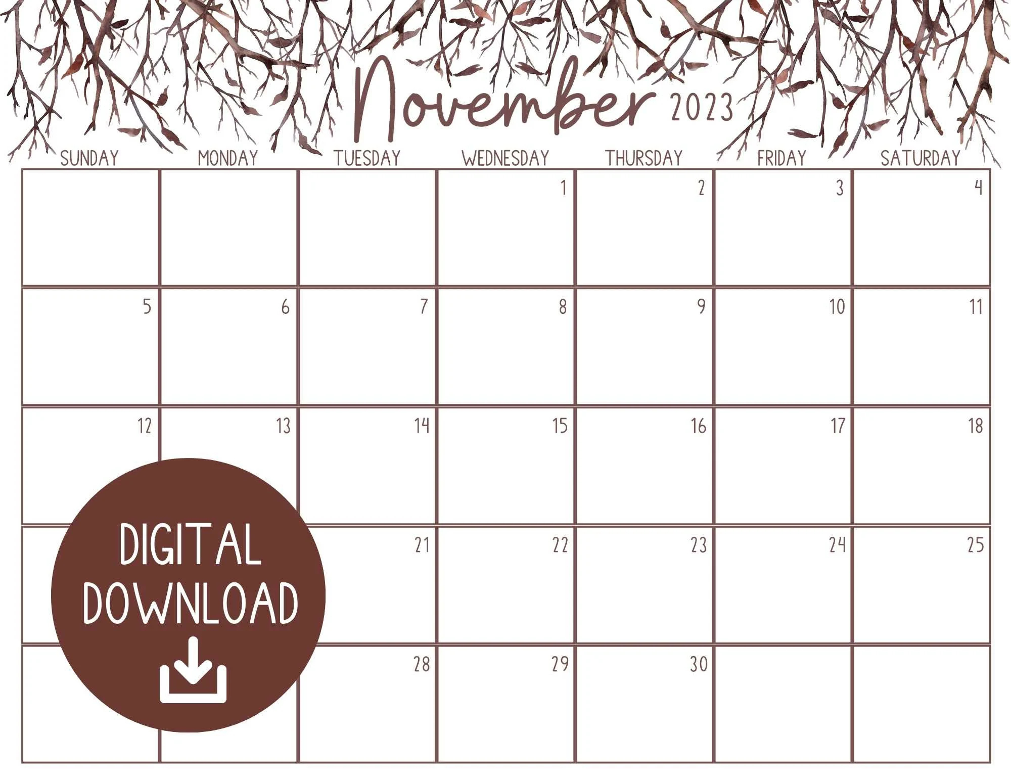 Printable November 2024 Calendar Etsy