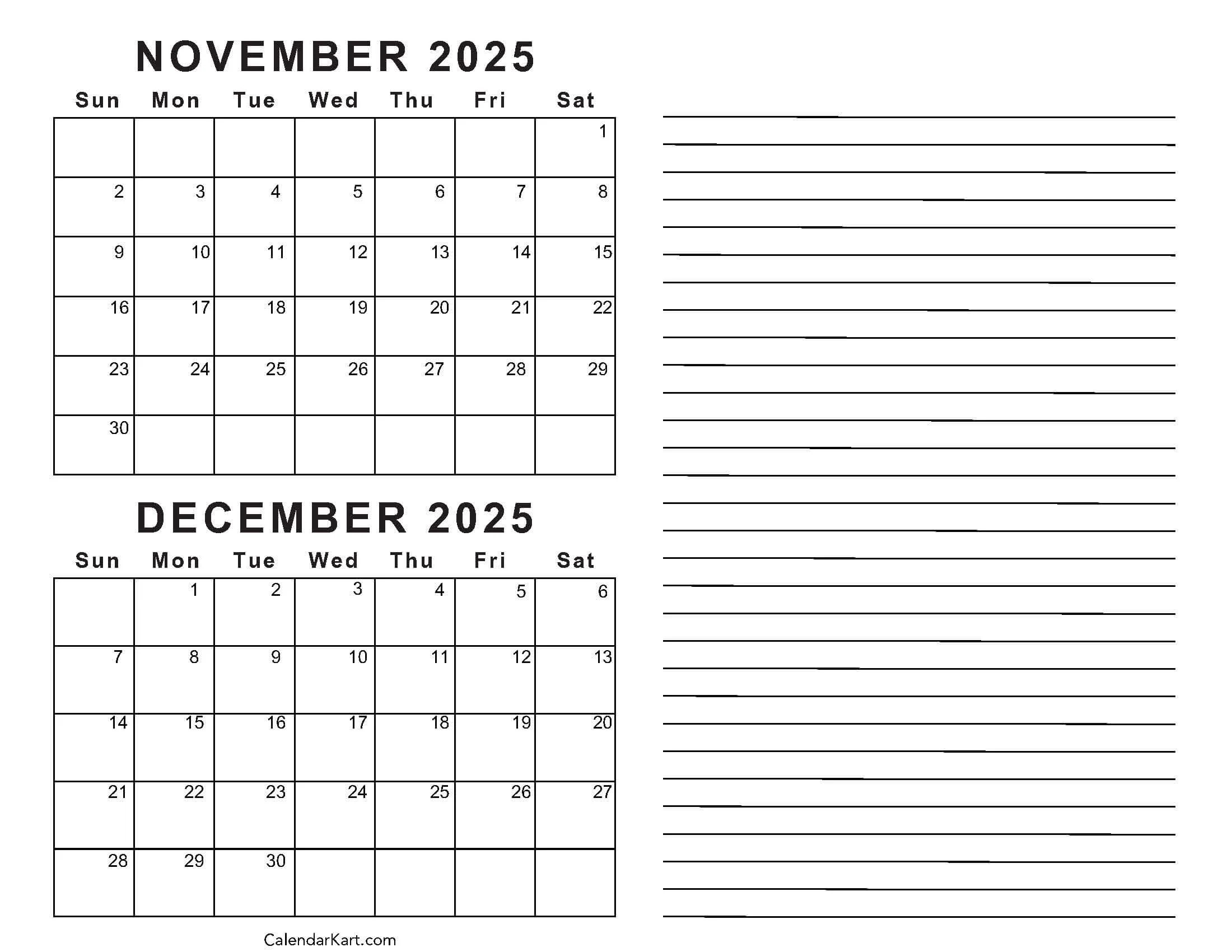Printable November December 2025 Calendars Calendarkart Printable November December 2025 Calendars Calendarkart
