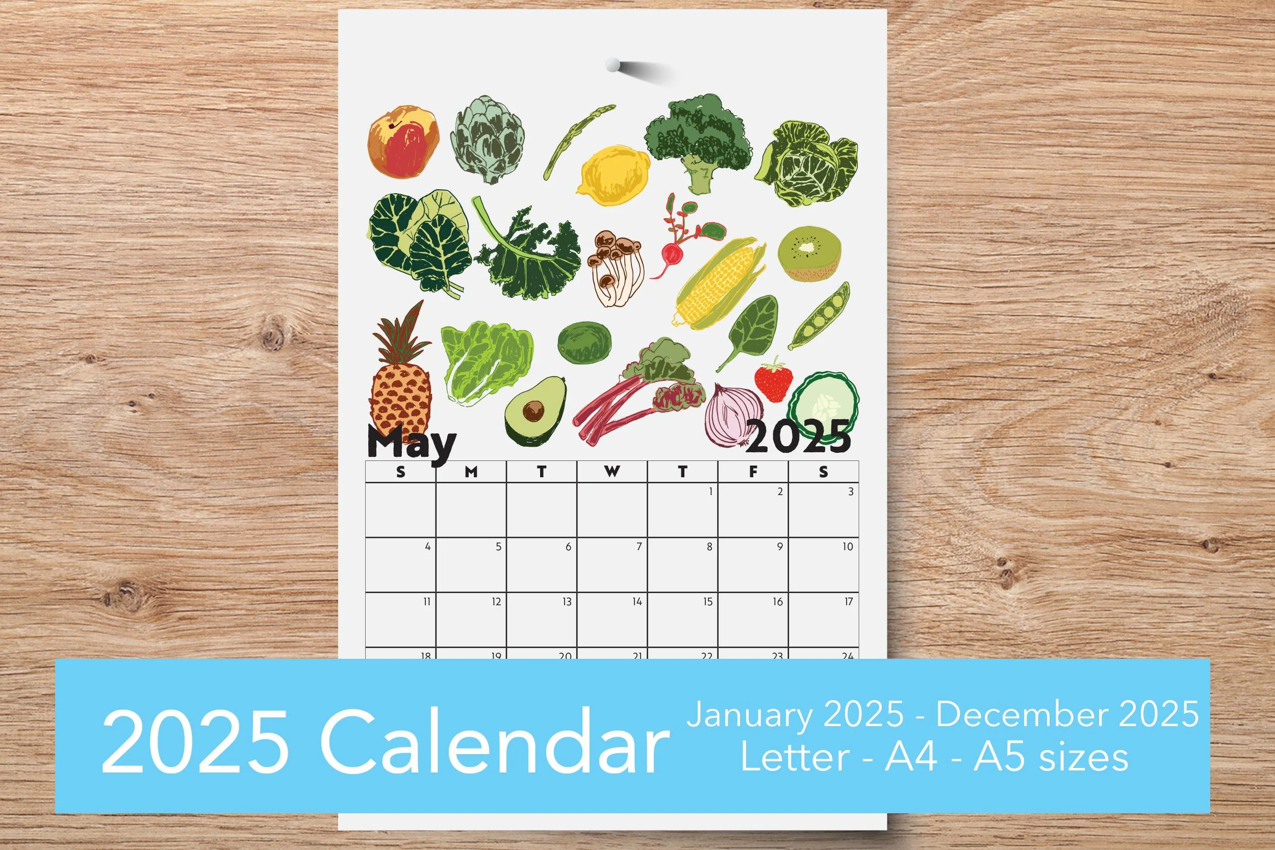 Printable Wall Calendar 2025 Seasonal Produce Food Art Etsy