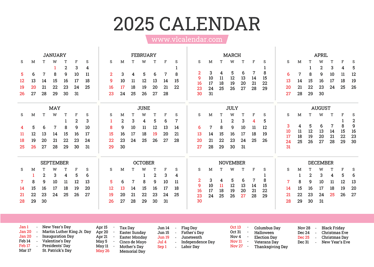 Printable Year 2025 Calendar With Holidays Printable Year 2025 Calendar With Holidays
