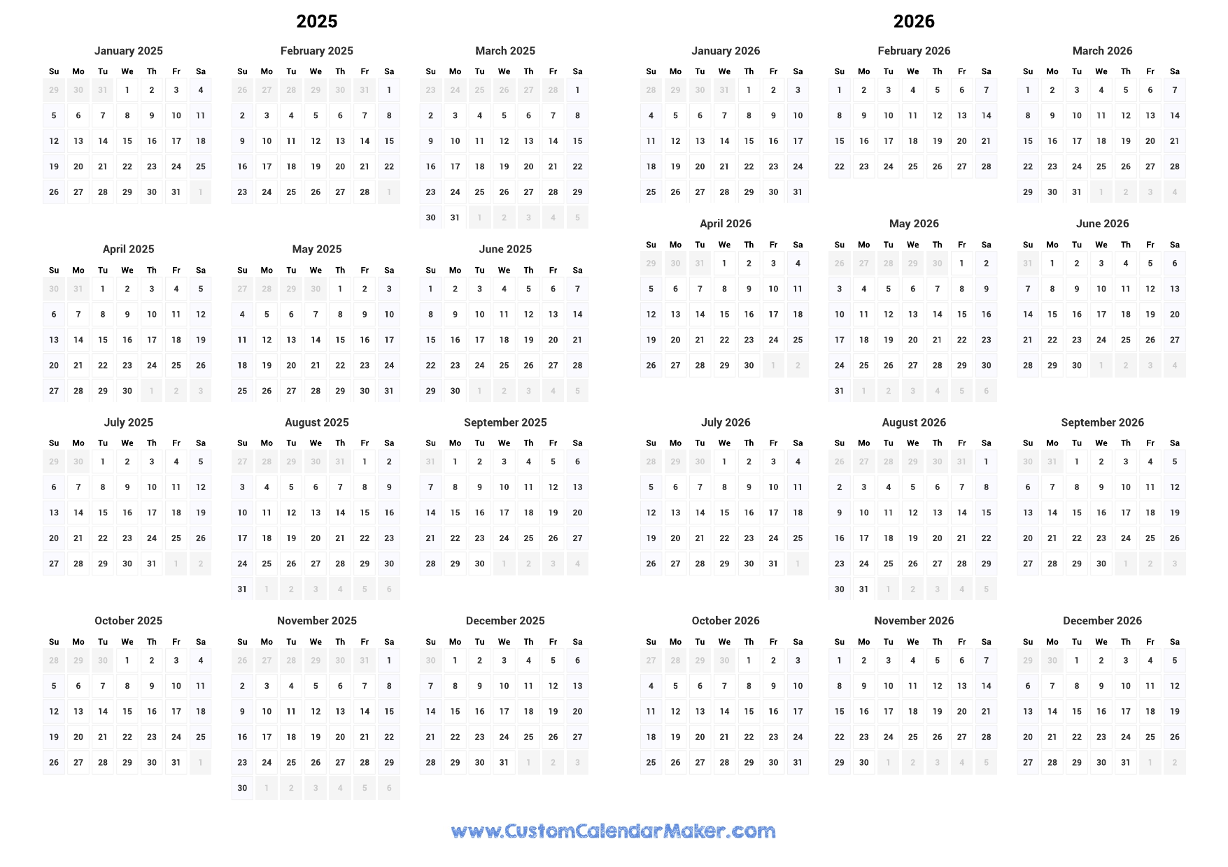 Printable Yearly Calendar 2025 Full Year At A Glance Custom Calendar Maker
