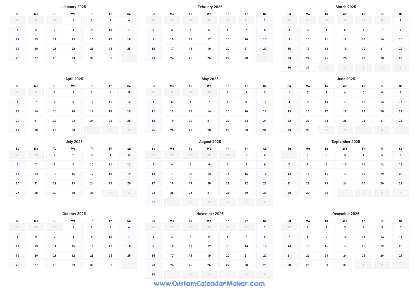 Printable Yearly Calendar 2025 Full Year At A Glance Custom Calendar Maker