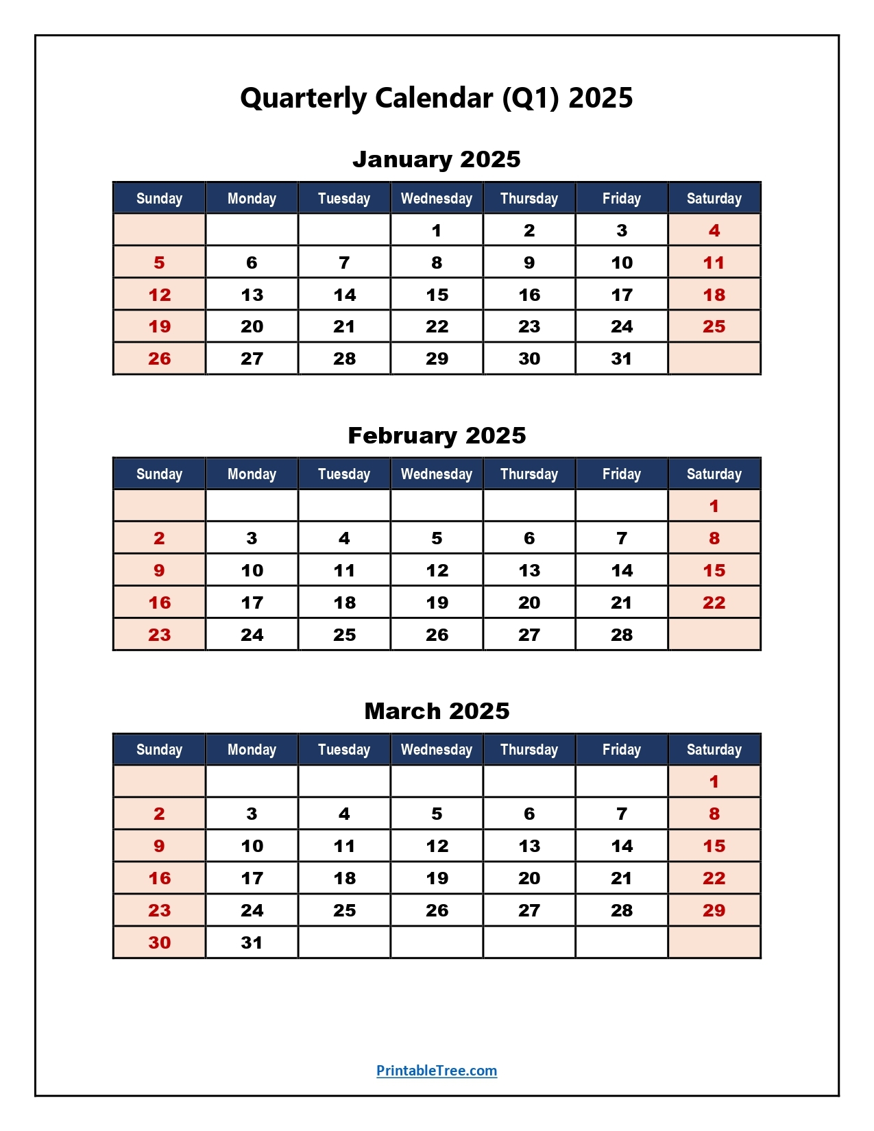 Printable First Quarter Calendar 2025