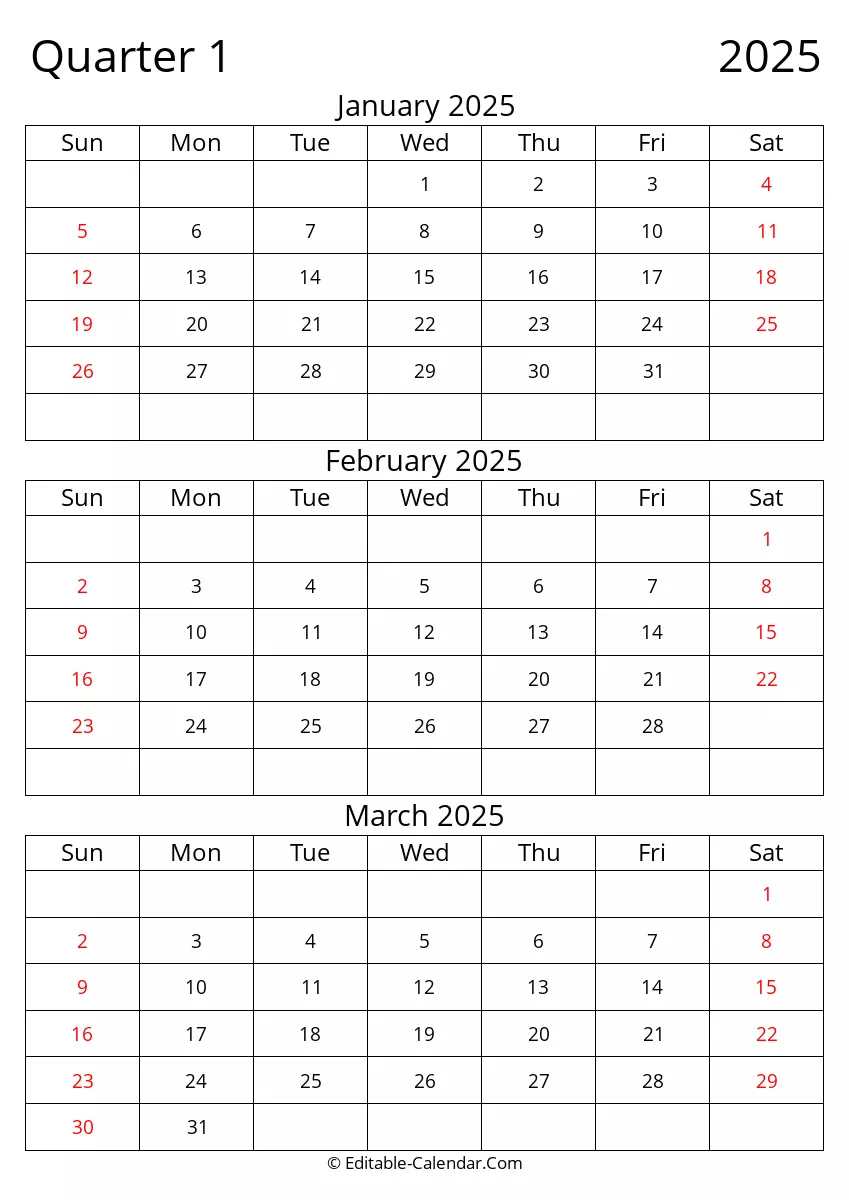 Quarter 1 Of 2025 Editable Calendar In Excel Word PDF