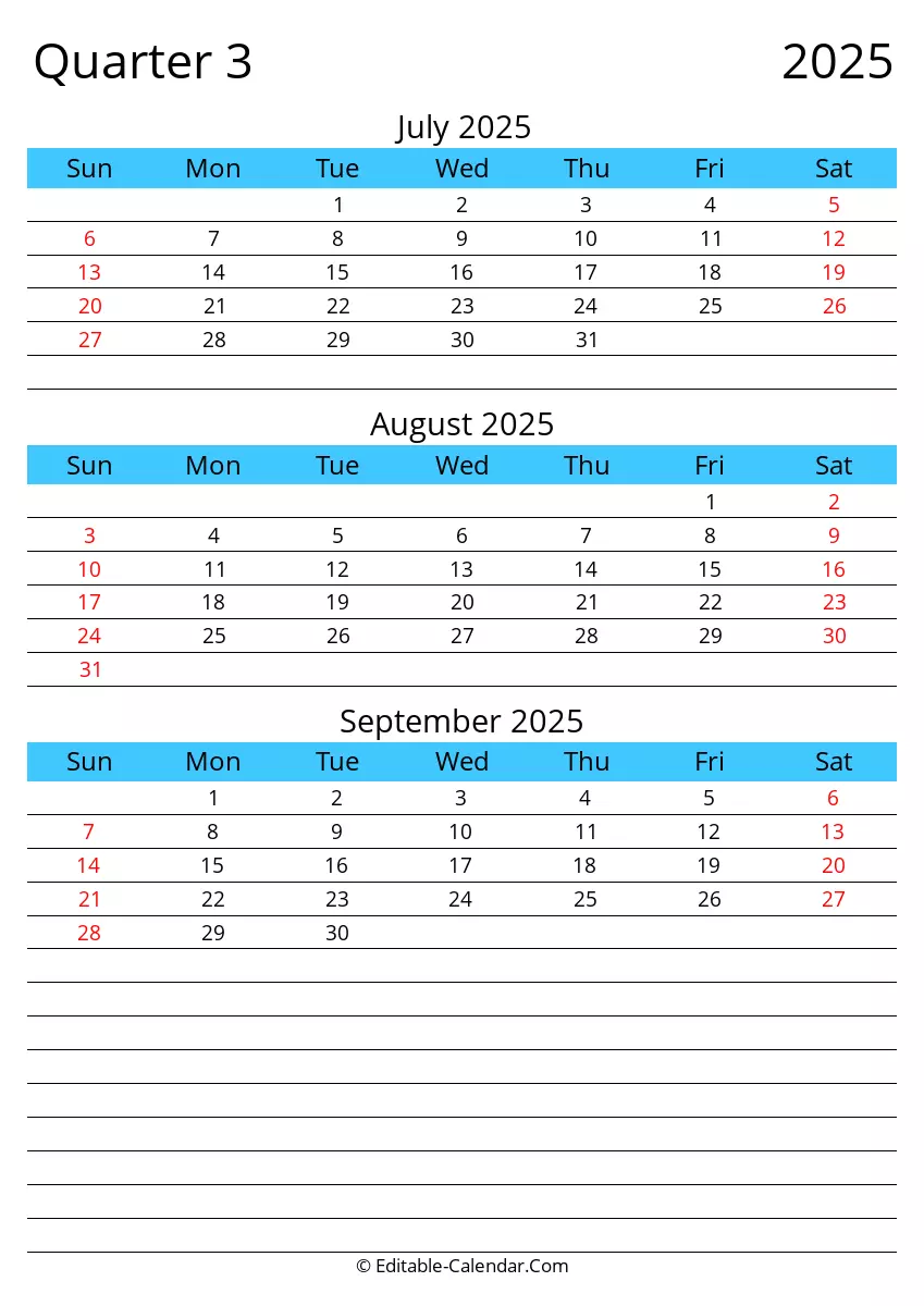 Printable 3rd Quarter 2025 Calendar