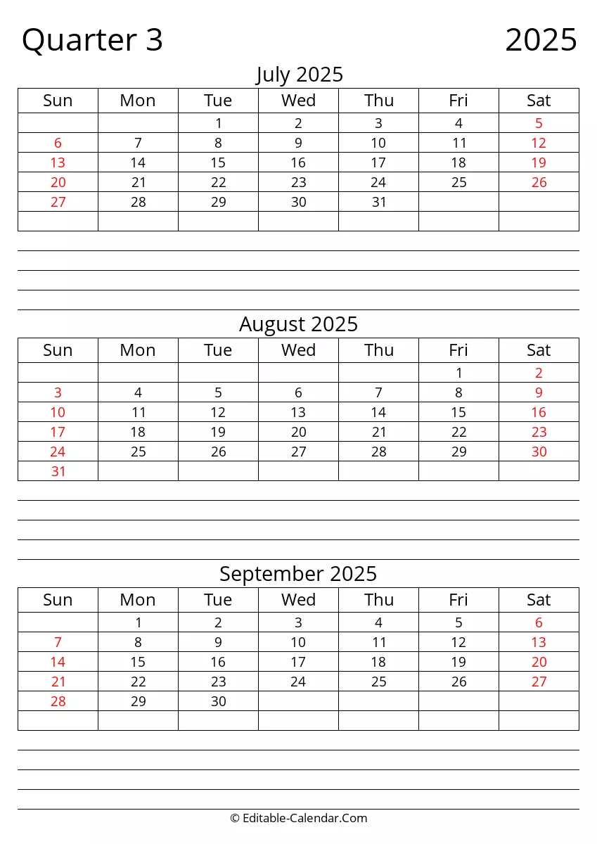Quarter 3 Of 2025 Editable Calendar In Excel Word PDF