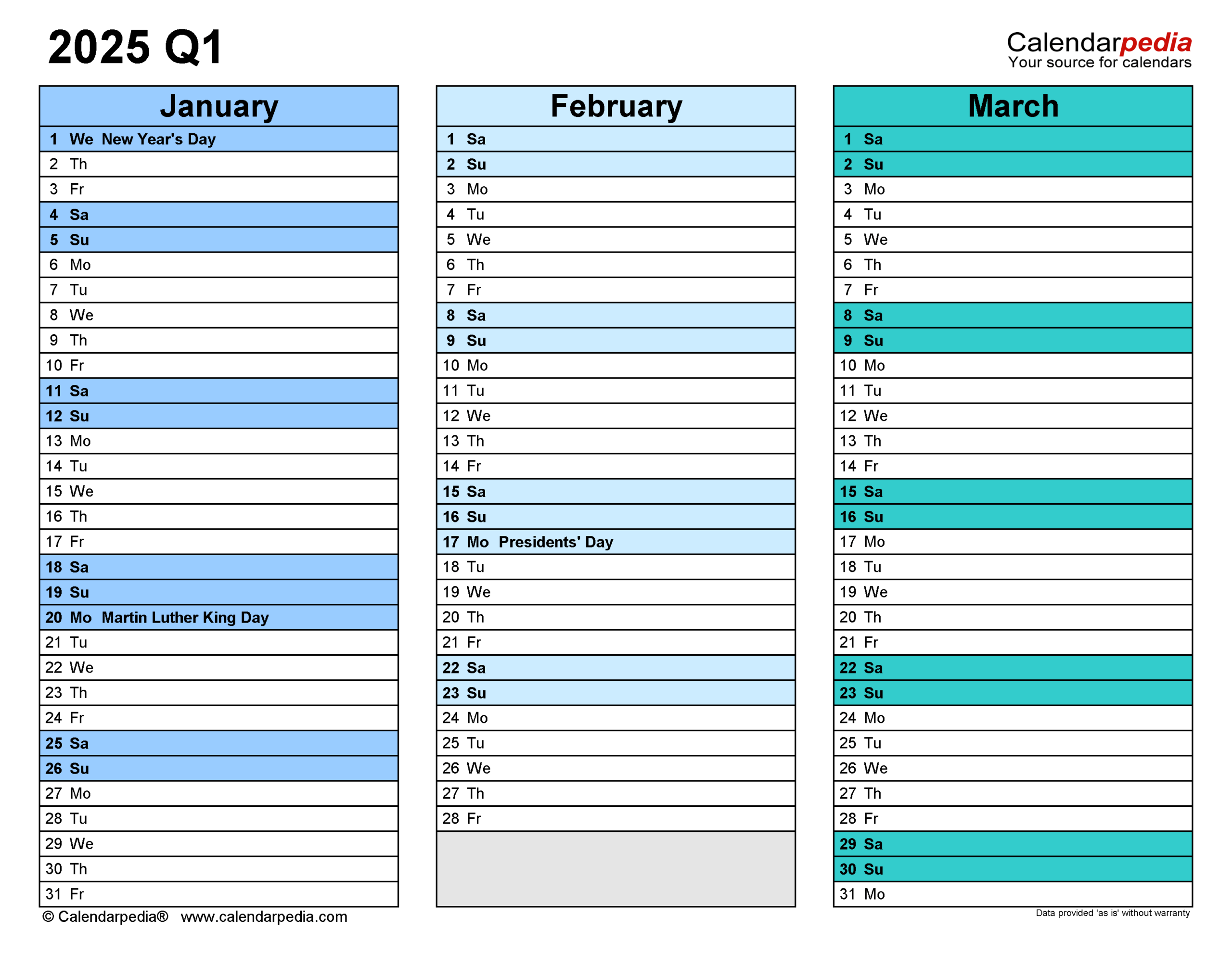 Quarterly Calendars 2025 Free Printable Word Templates
