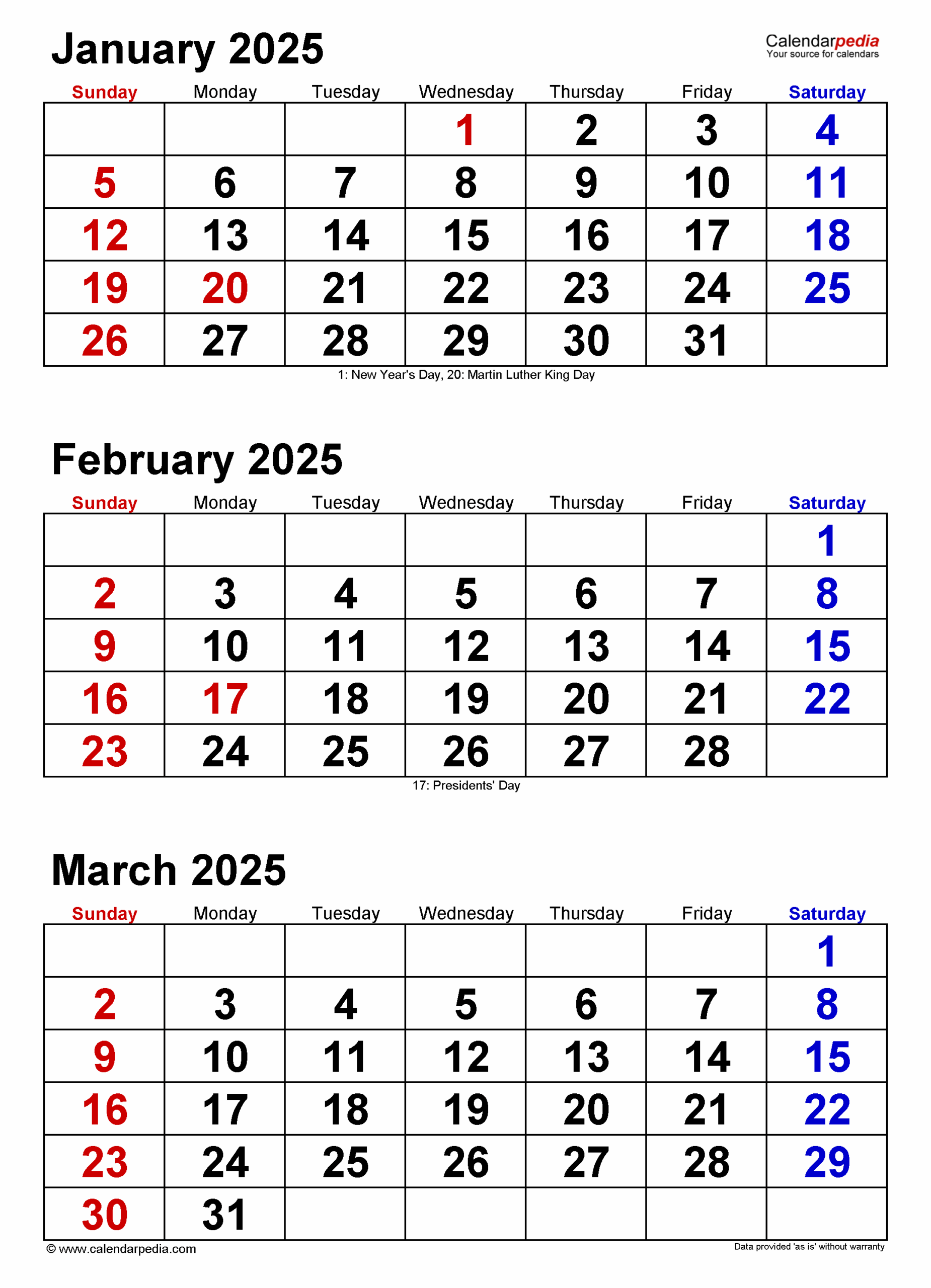 Quarterly Calendars 2025 Free Printable Word Templates