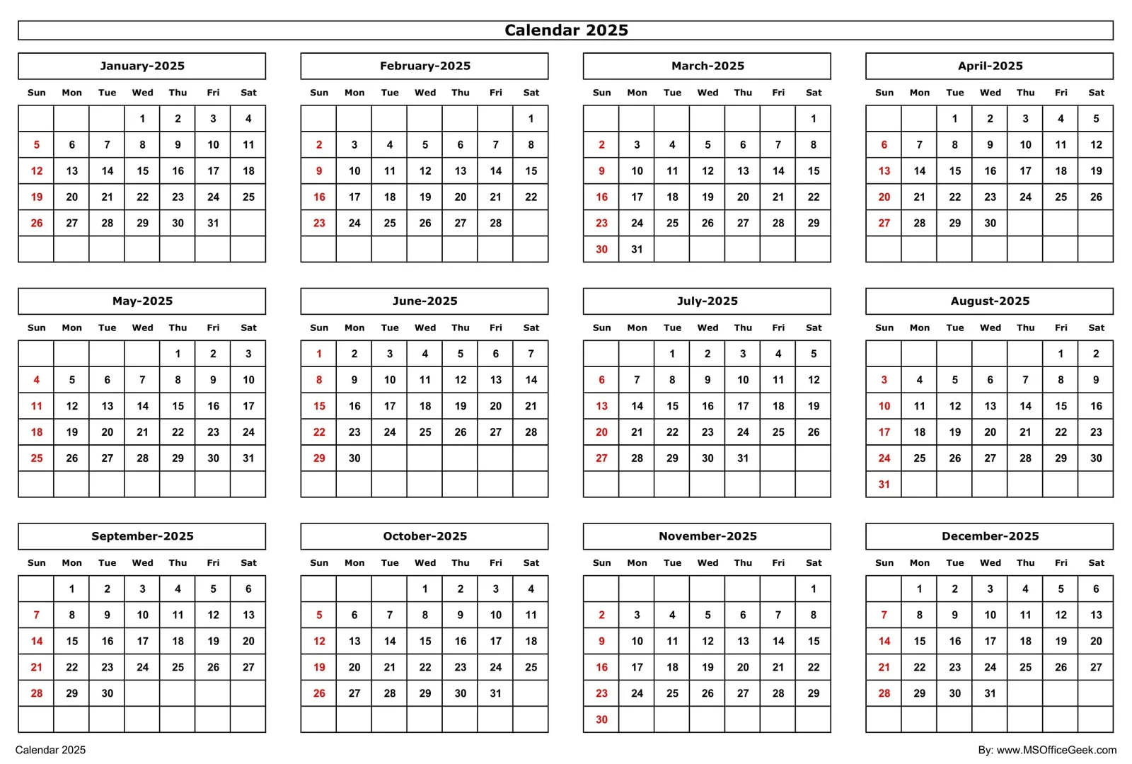 Ready To Use Printable Calendar 2025 MSOfficeGeek