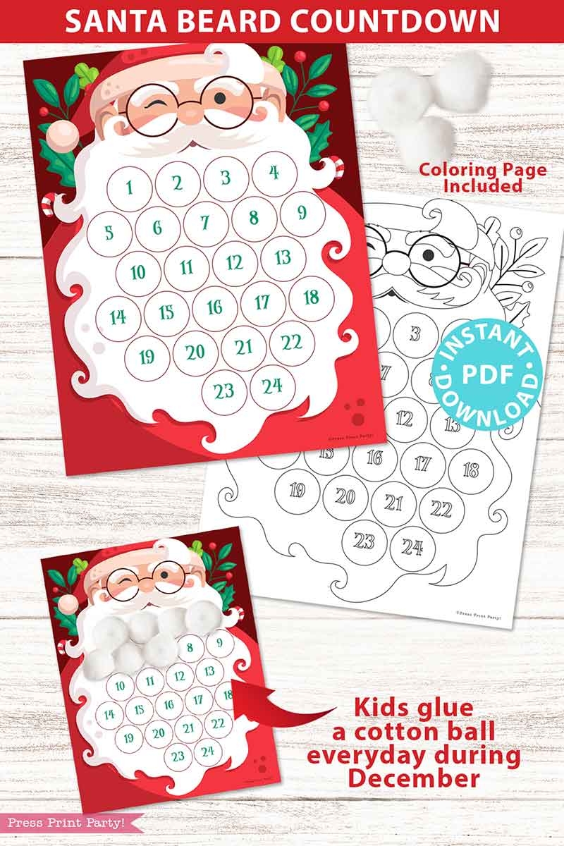 Santa Beard Countdown Christmas Advent Calendar Press Print Party 